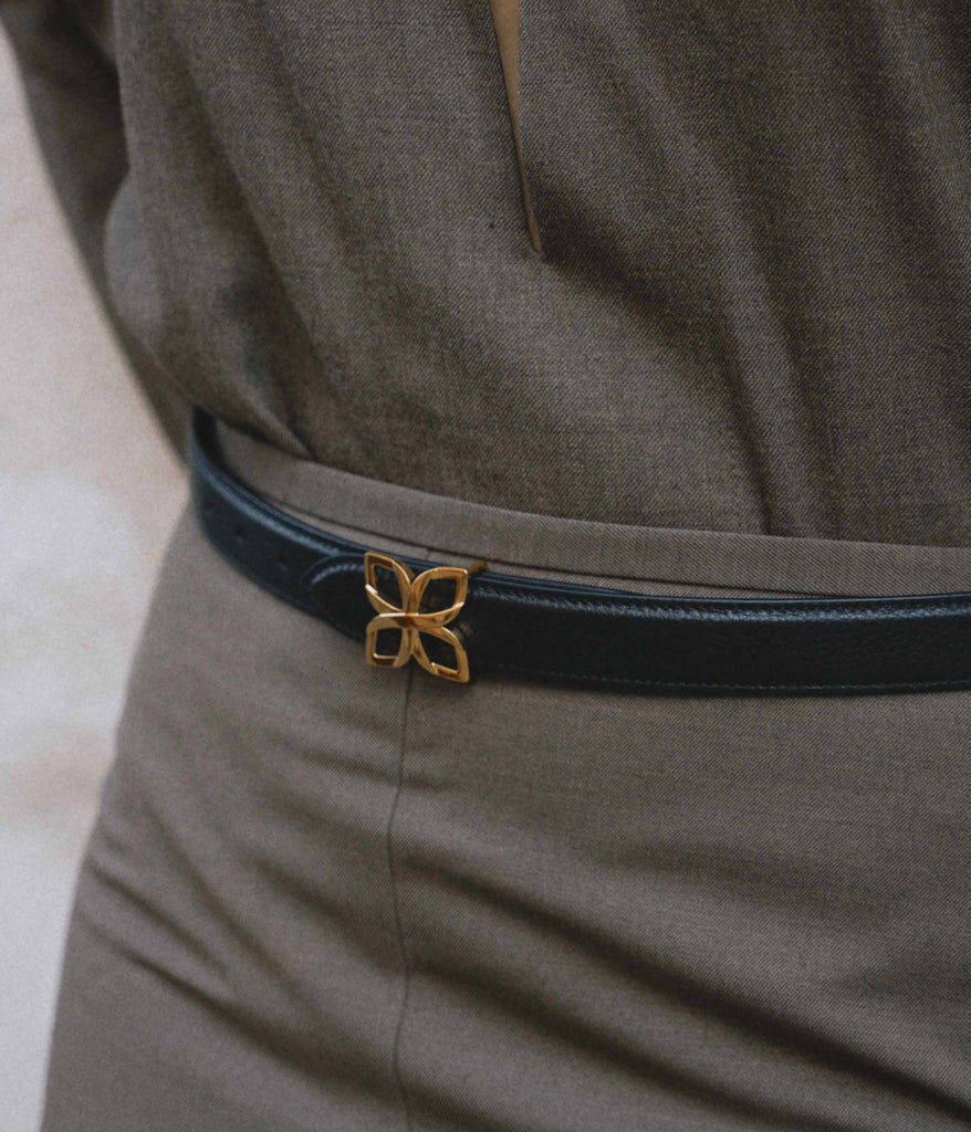 1FL1018-320 [FLEURON] Ceinture Hortensia Dore 25mm Noir Caramel #CTF01VG0303BLK (EU)