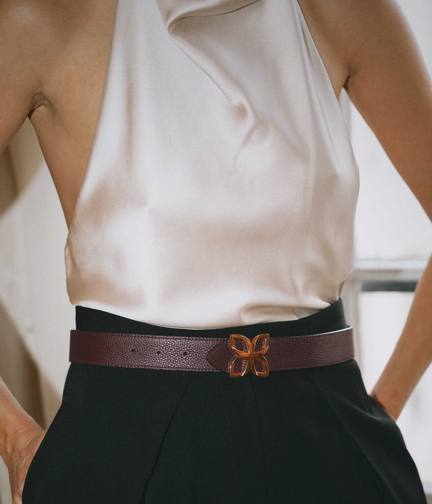 1FL1018-342 [FLEURON] Ceinture Hortensia Dore 33mm Bordeaux Prune #CTF03VG1629BGD (EU)