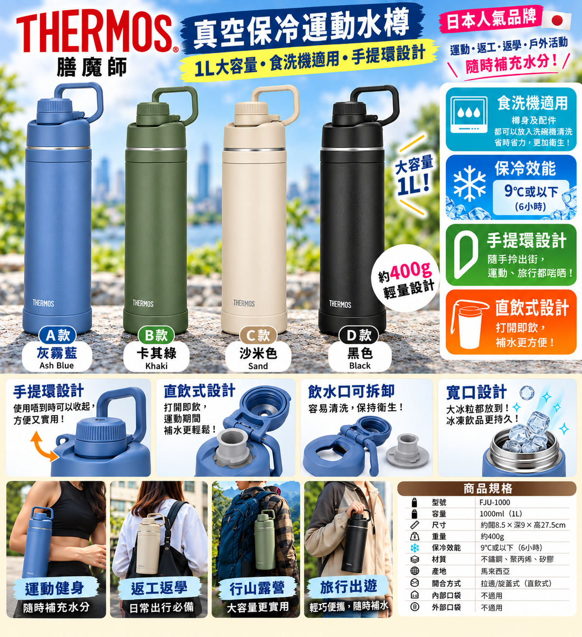 【預購】J101502 THERMOS 膳魔師 1L 真空保冷運動水樽
