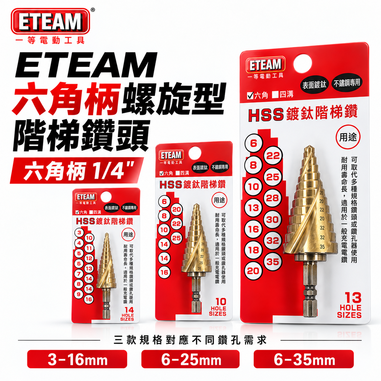 台灣製 ETEAM 一等｜六角軸鍍鈷螺旋階梯鑽｜零售-3支組｜HSS 六角柄螺旋型階梯鑽尾 薄白鐵用階梯鑽頭