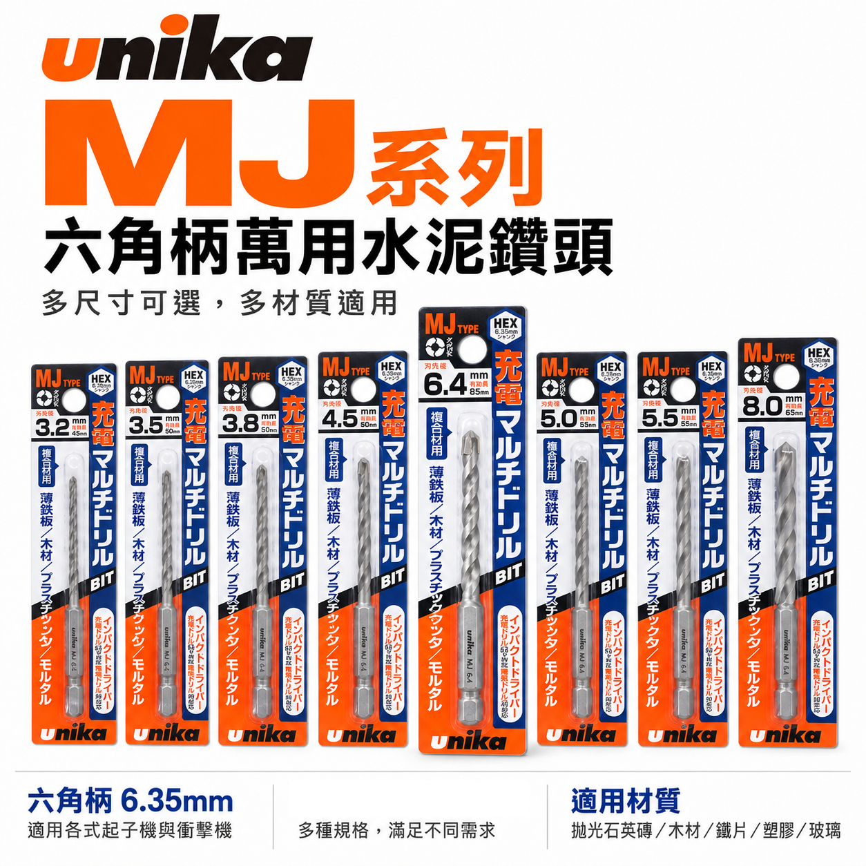 UNIKA 日本｜3-10.5mm 六角柄多功能鑽頭 六角軸萬用鑽尾 拋光石英木材塑膠 六角鑽尾｜MJ系列｜萬用鑽頭｜公司貨