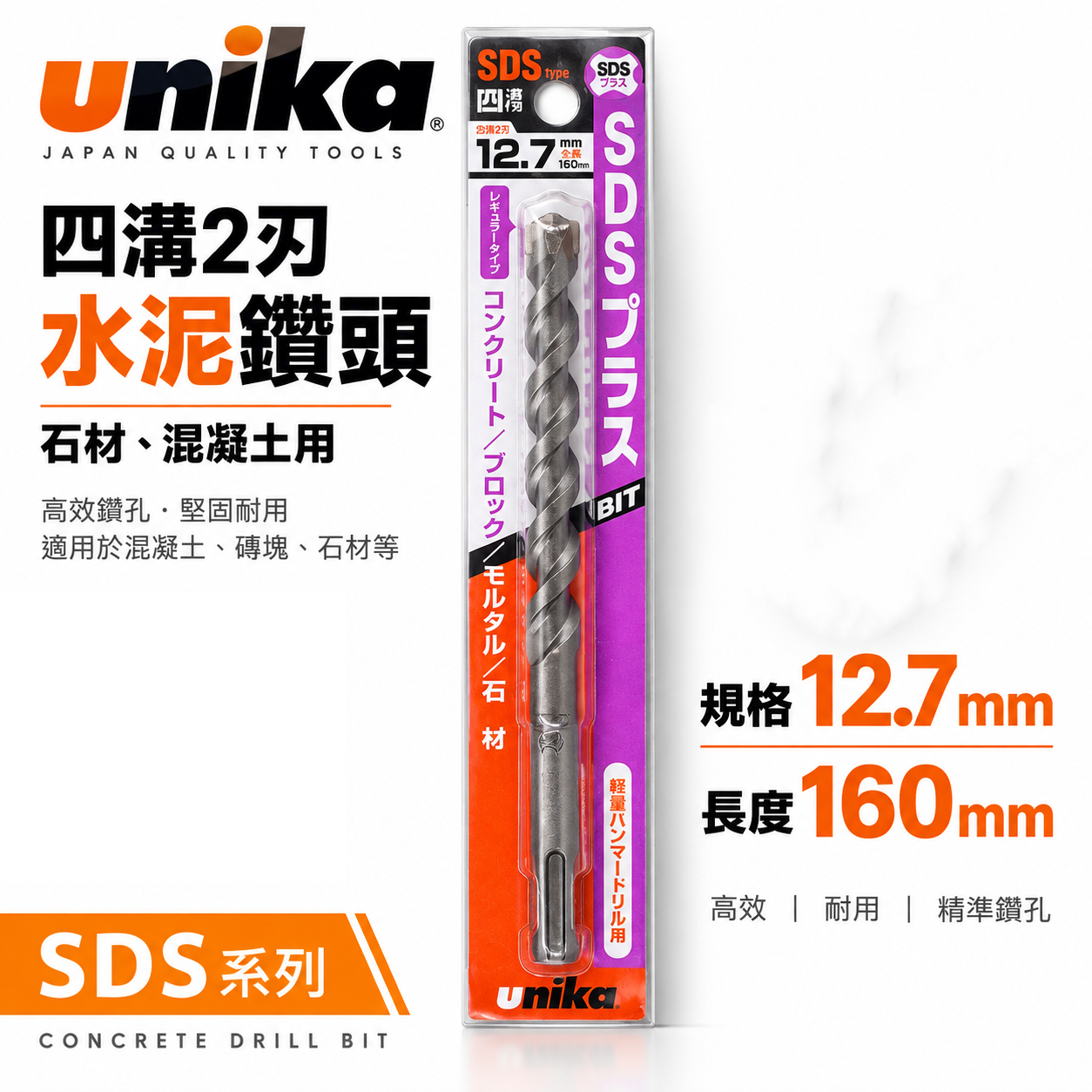 UNIKA 日本｜12.7mm 長 160mm｜四溝水泥鑽頭 SDS四溝2刃水泥鑽尾 鑽兼鎖用 石材混凝土 免出力電鑽用