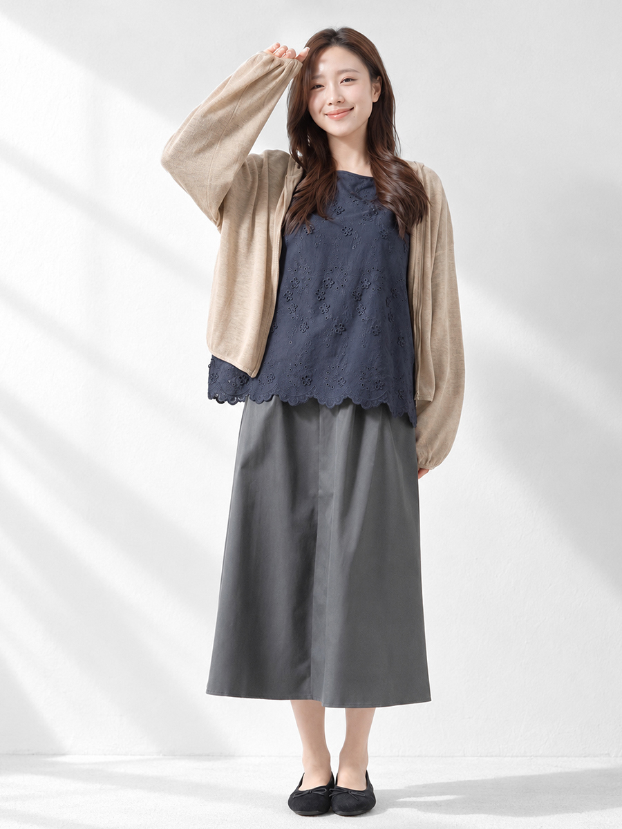 織紋外套繡花波浪擺上衣打褶後鬆緊長裙組合