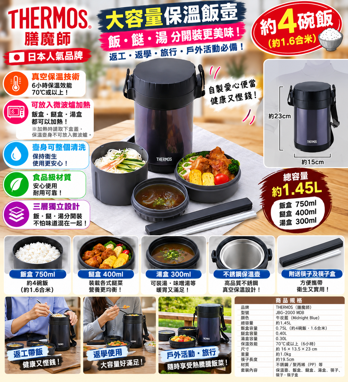 【預購】J101605 THERMOS 膳魔師 不銹鋼真空保溫飯壺 JBG-2000 MDB｜午夜藍