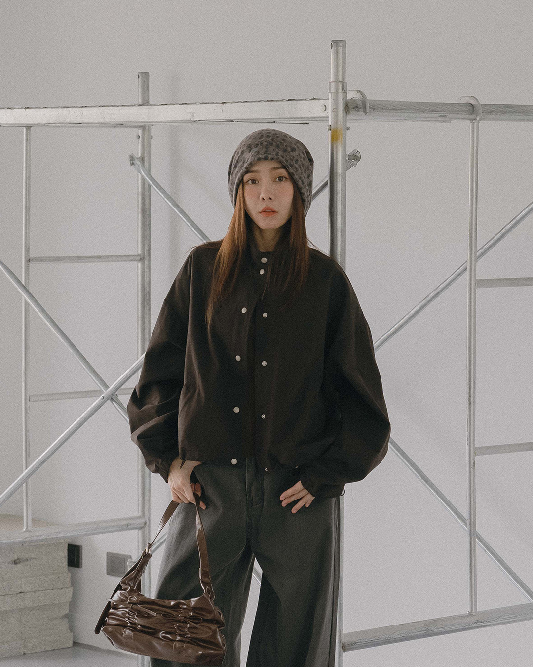 Stand-up collar, button-down design, short-sleeved long-sleeved jacket - dark gray【02071754】in stock+pre-order