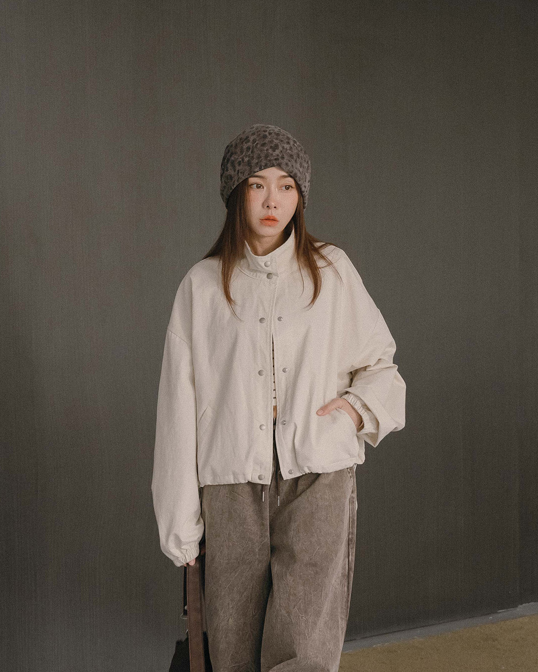 Stand-up collar button-down short long-sleeved jacket - Apricot【02071753】in stock+pre-order