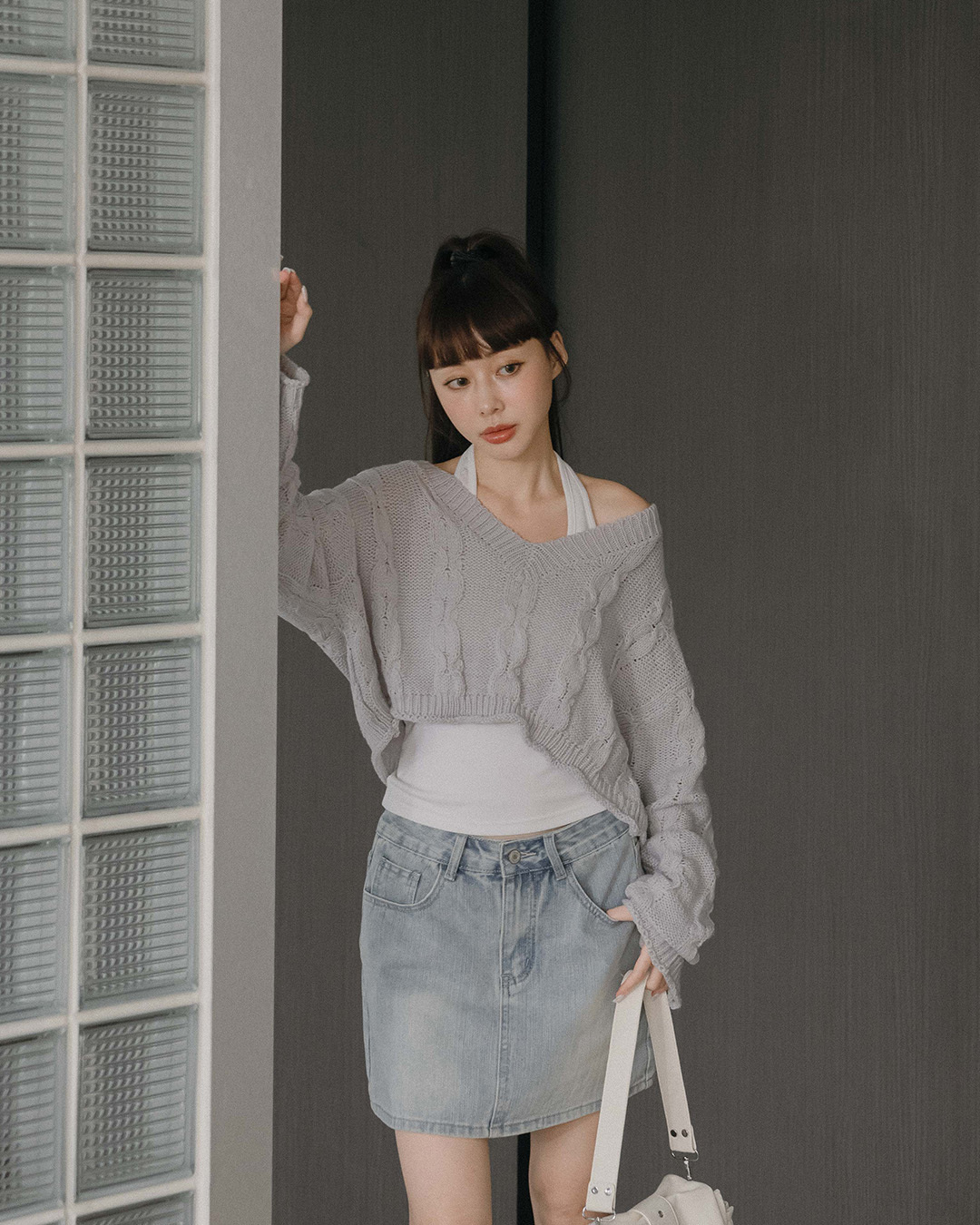 V-Neck Cable-Knit Cropped Sweater - Light Gray【01013586】in stock+pre-order