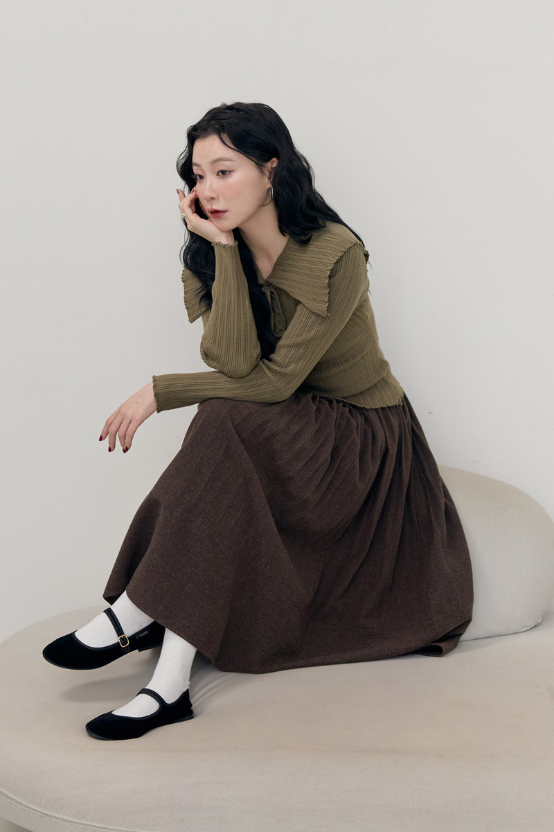翻領綁帶修身針織衫