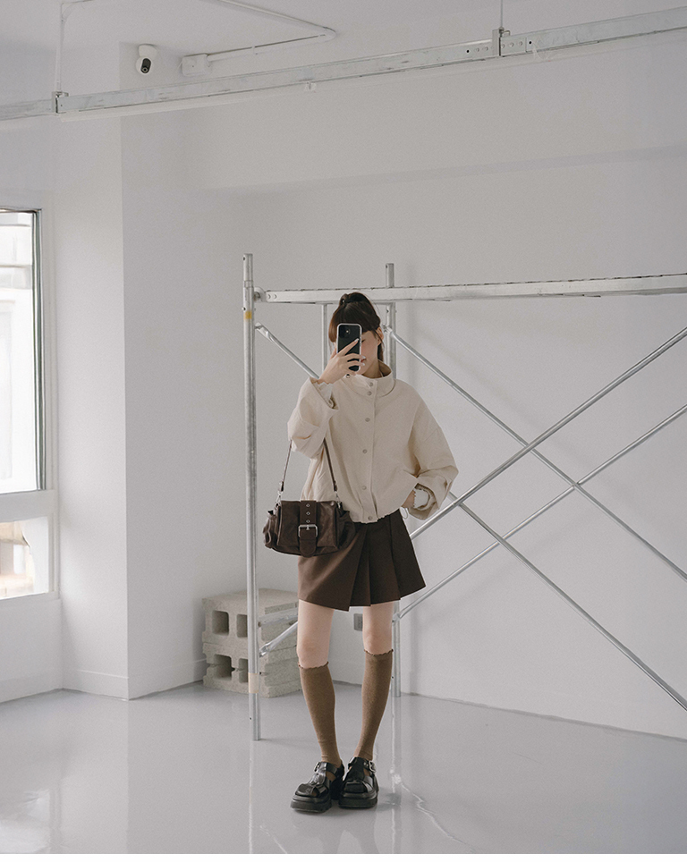 Stand-up collar button-down short long-sleeved jacket - Apricot【02071753】in stock+pre-order