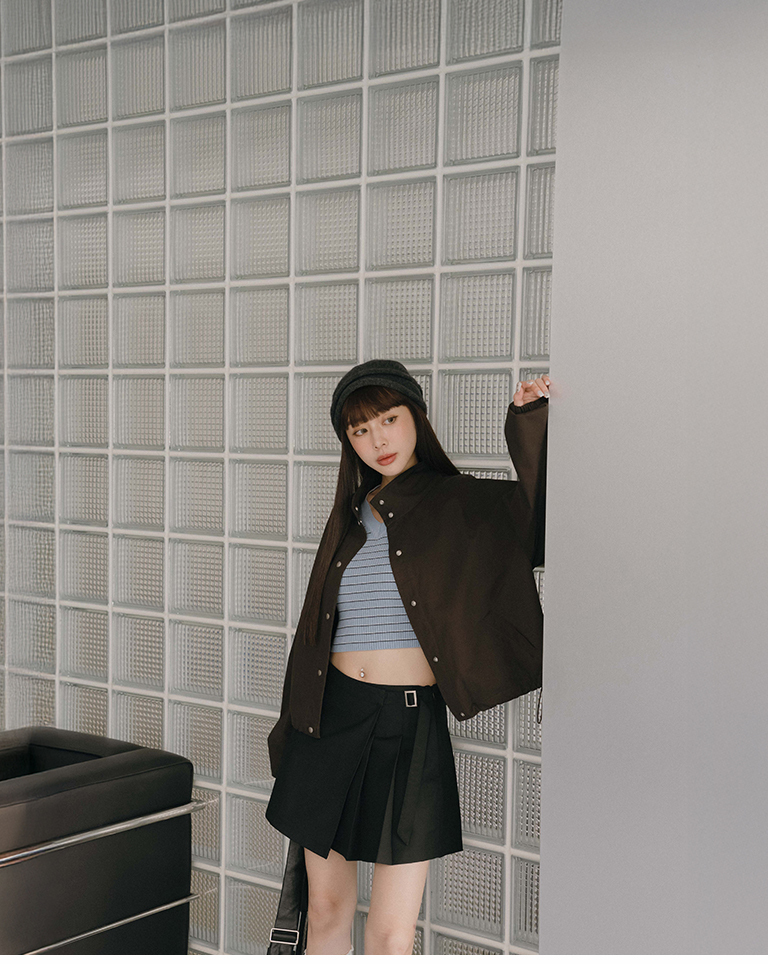 Stand-up collar, button-down design, short-sleeved long-sleeved jacket - dark gray【02071754】in stock+pre-order