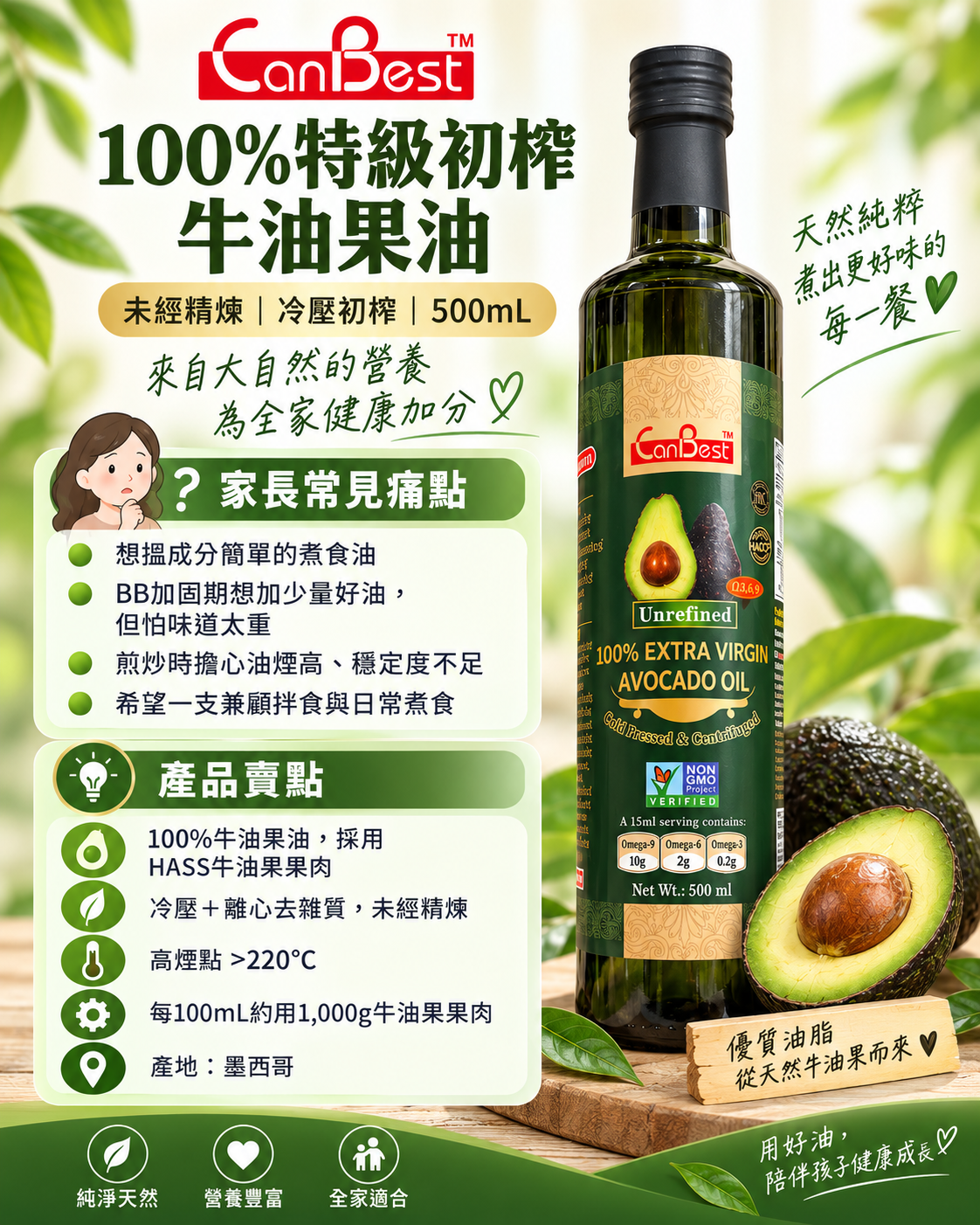 CanBest 100%冷壓特級初榨牛油果油 500ml（墨西哥製造） 食用油