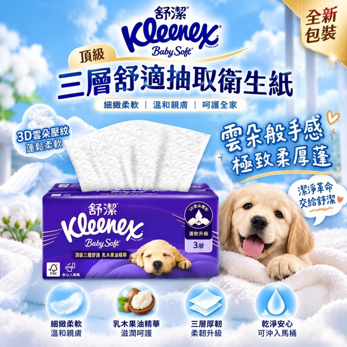 舒潔BabySoft頂級三層舒適抽取衛生紙120抽X24包｜乳木果油精華 3層厚韌 家庭號 好市多【輕鬆購五金百貨】