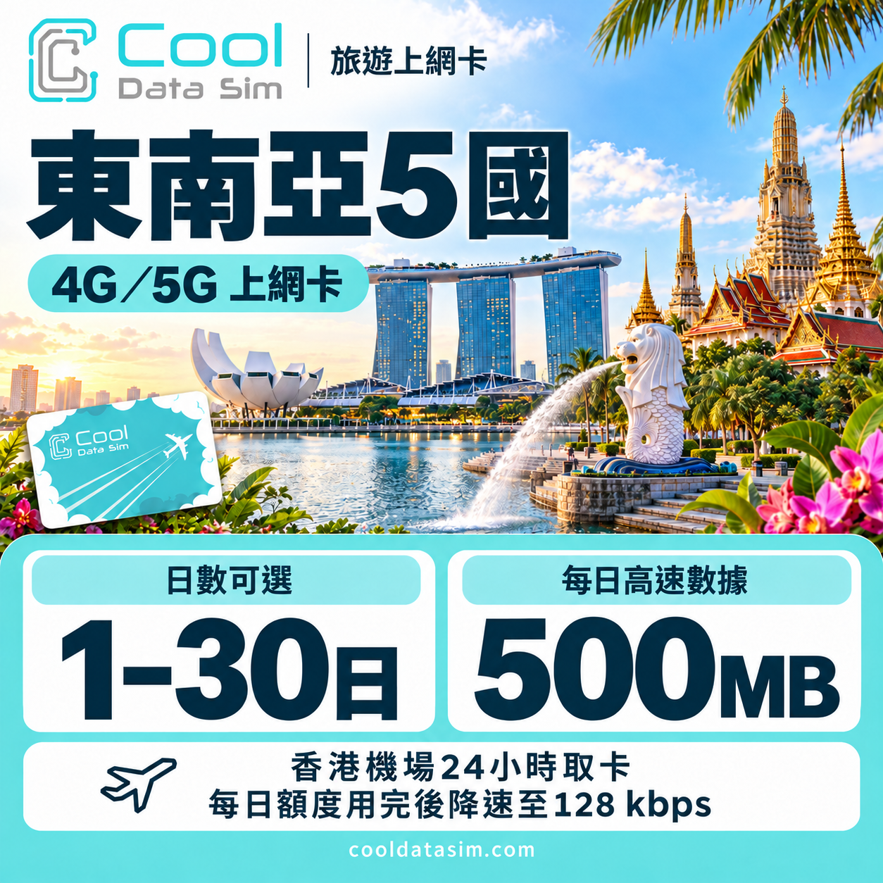 東南亞 5 國 4G/5G 上網卡 - 每日高速數據 【500MB】 後降速至 128kbps