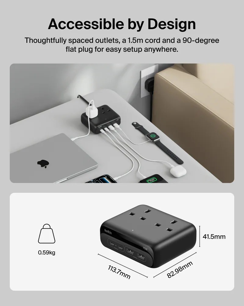 Belkin 6合1 GaN 多功能充電座 70W (2 個 USB-C, 2 個USB-A, 2 位插座)