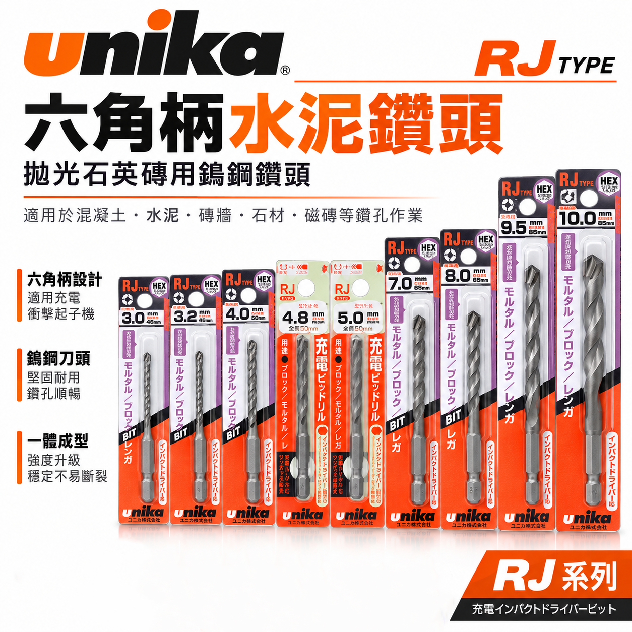 UNIKA 日本｜一體成型六角柄水泥鑽尾 六角軸水泥鑽頭 瓷磚人造石大理石花崗石六角鑽頭 拋光石英磚用鎢鋼鑽頭｜RJ系列