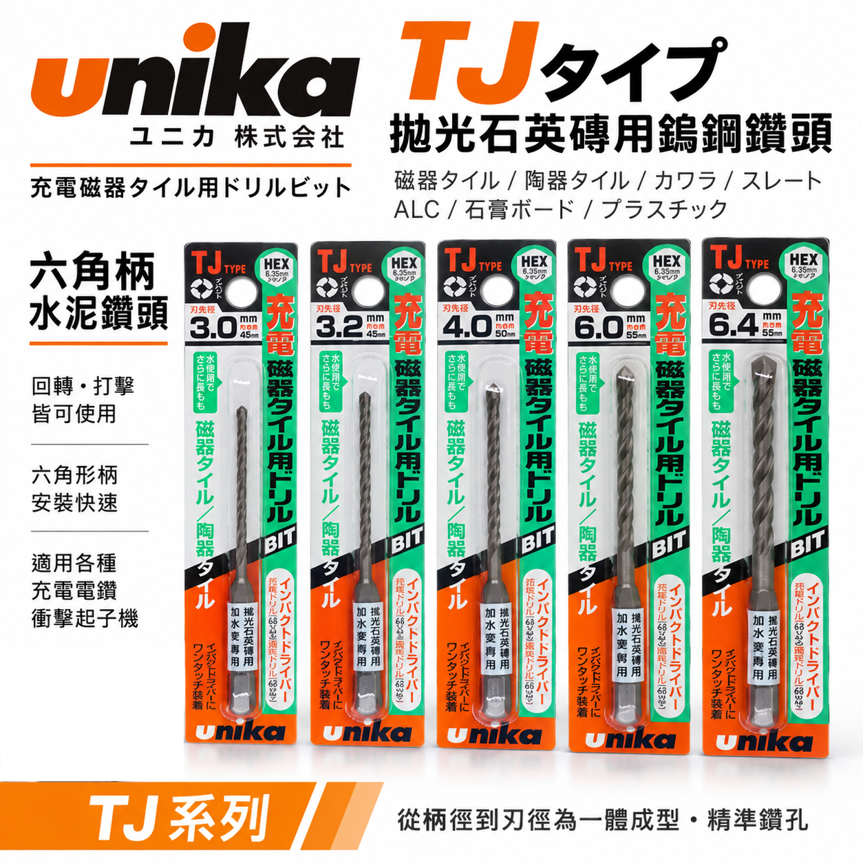 UNIKA 日本｜六角柄水泥鑽尾 拋光石英磚用鎢鋼鑽頭 六角軸水泥鑽頭 板岩大理石花崗石用 鑽孔器｜TJ系列