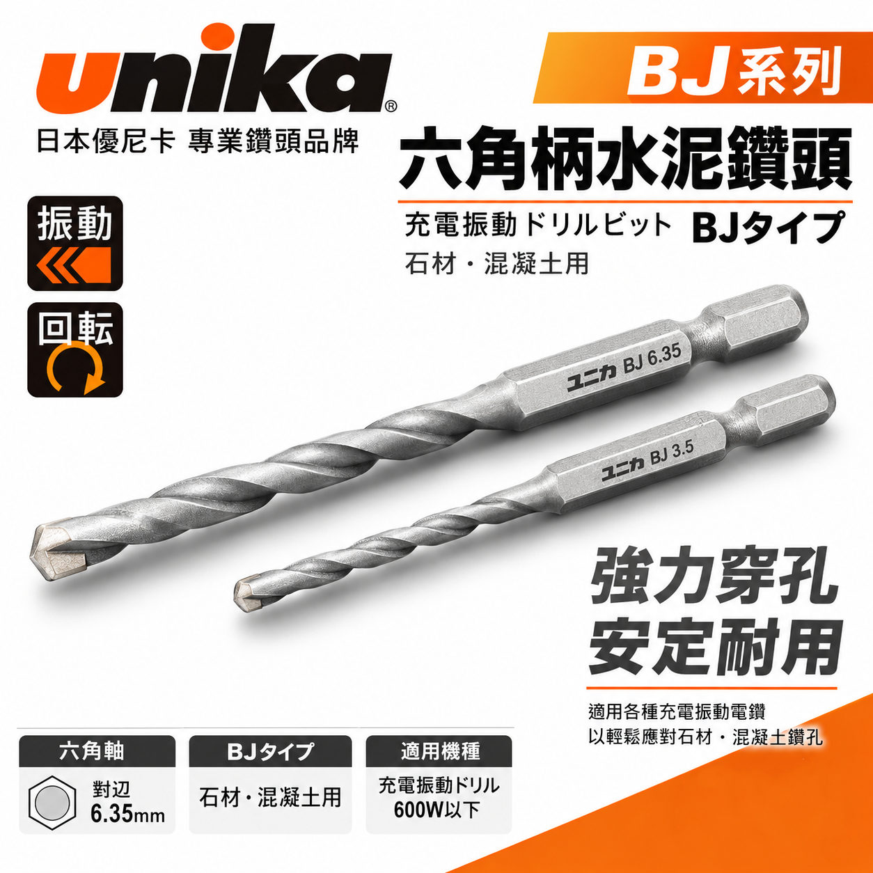 UNIKA 日本｜一體成型六角柄水泥鑽尾 六角軸萬用水泥鑽頭 石材鑽 混凝土用鑽頭 水泥鑽 鑽孔器｜BJ系列