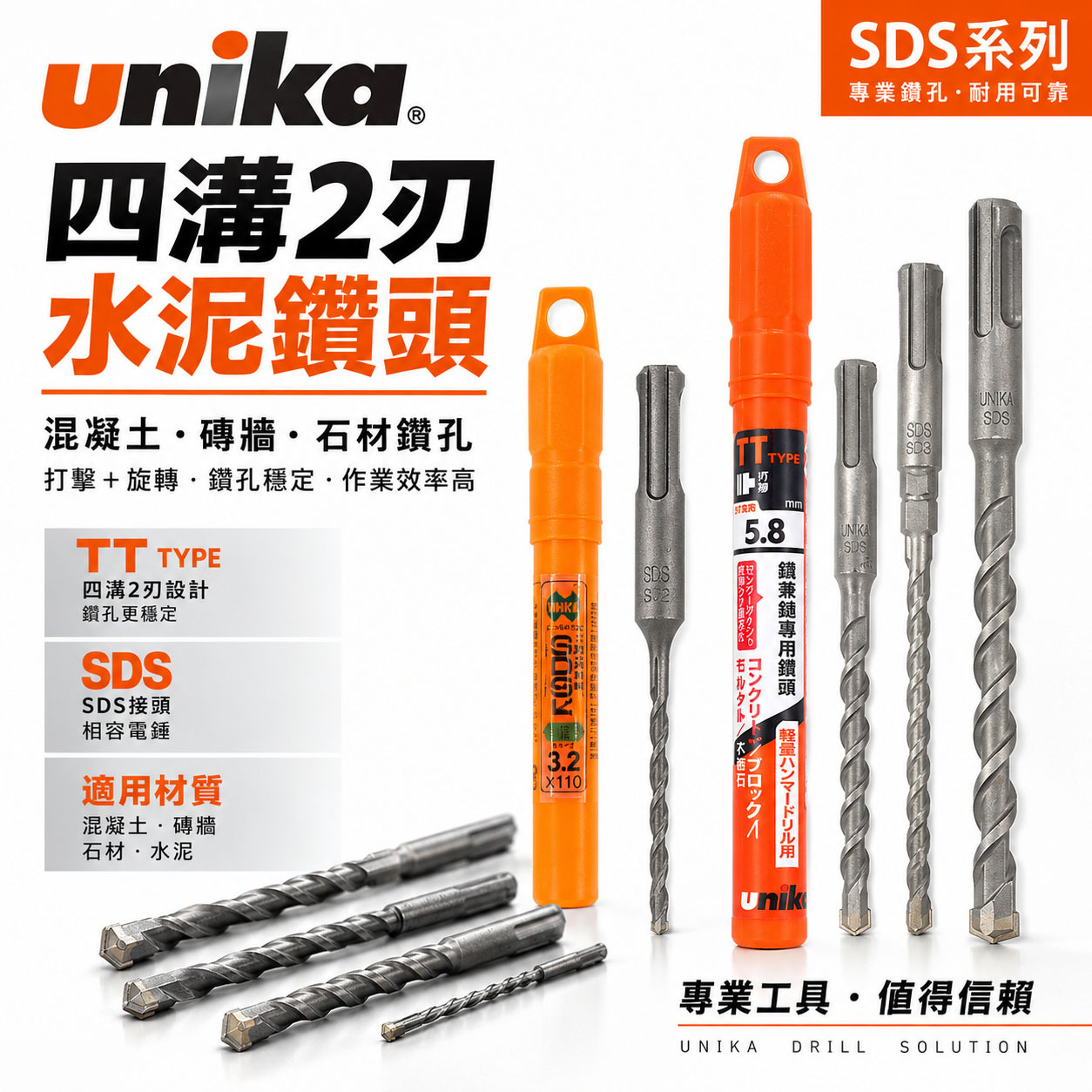 日本 UNIKA｜四溝水泥鑽頭 四溝兩刃水泥鑽尾 免出力電鑽用 四溝2刃水泥鑽頭 石材 混凝土用4溝鎢鋼鑽頭｜SDS系列