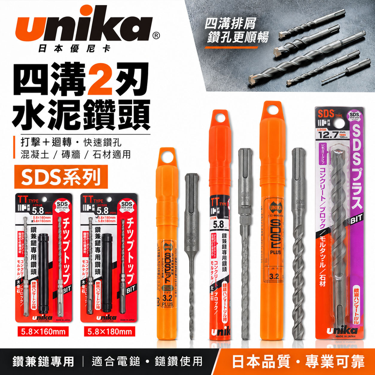 日本 UNIKA｜四溝水泥鑽頭 四溝兩刃水泥鑽尾 免出力電鑽用 四溝2刃水泥鑽頭 石材 混凝土用4溝鎢鋼鑽頭｜SDS系列
