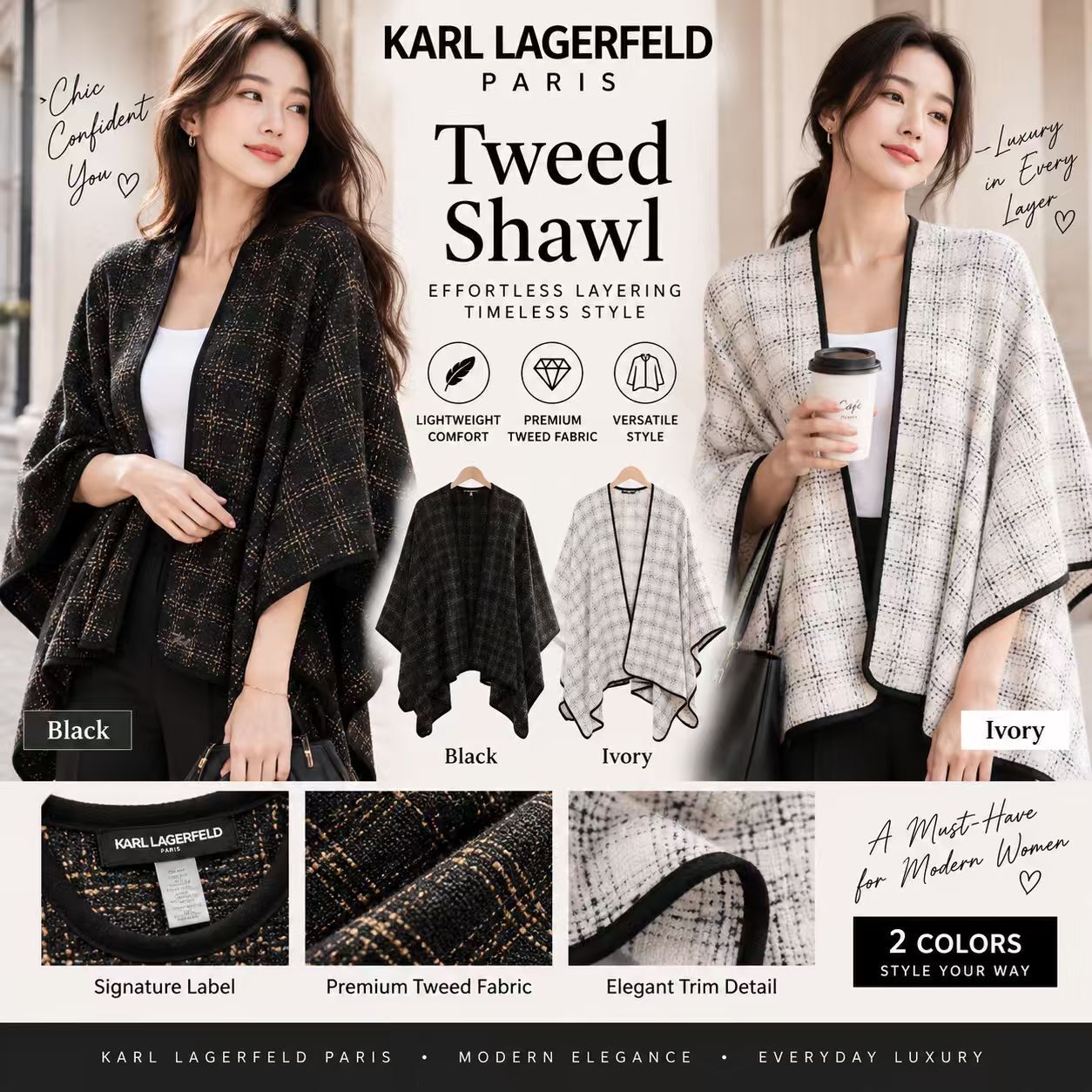 【預購】KARL LAGERFELD PARIS N101616 Tweed Shawl 粗呢披肩