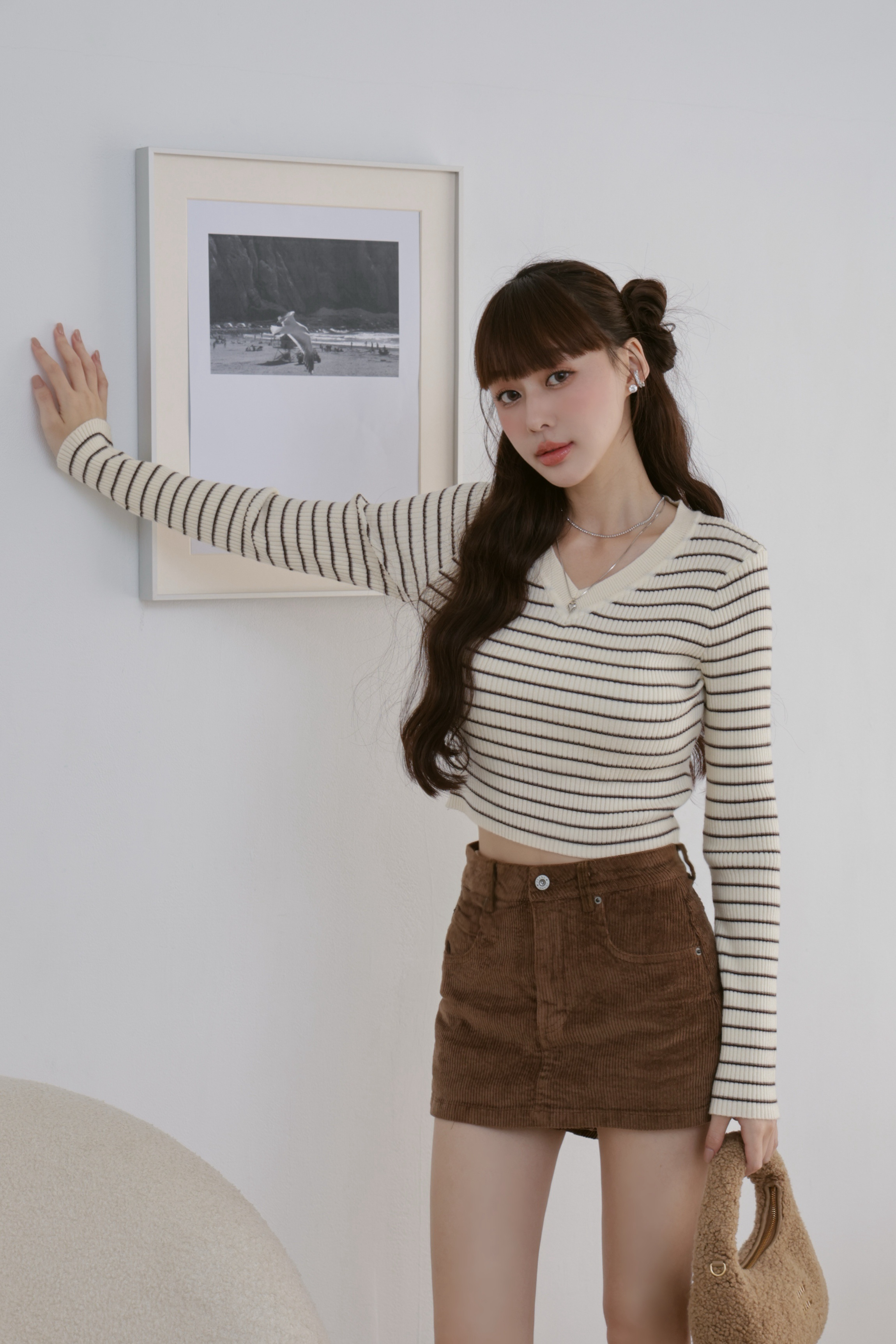 條紋V領修身短版上衣 S48