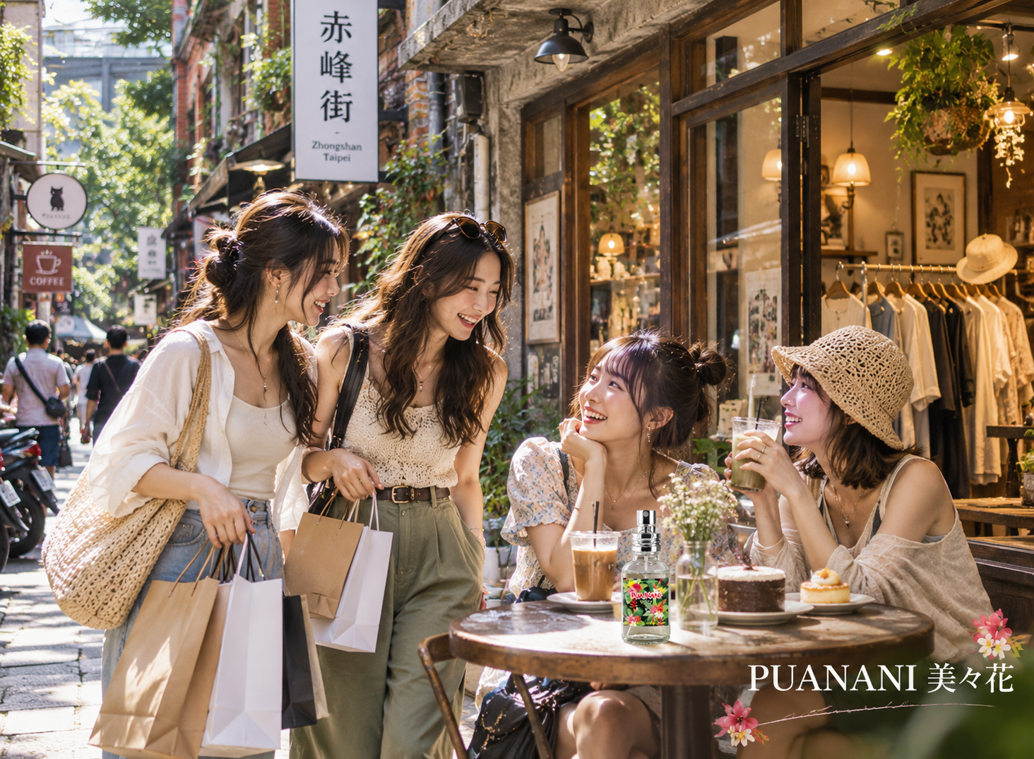 PUANANI 美々花果香淡香水情境圖，四位年輕女孩假日漫遊台北赤峰街，購物後在老屋咖啡館聊天，享受陽光午後的閨蜜時光
