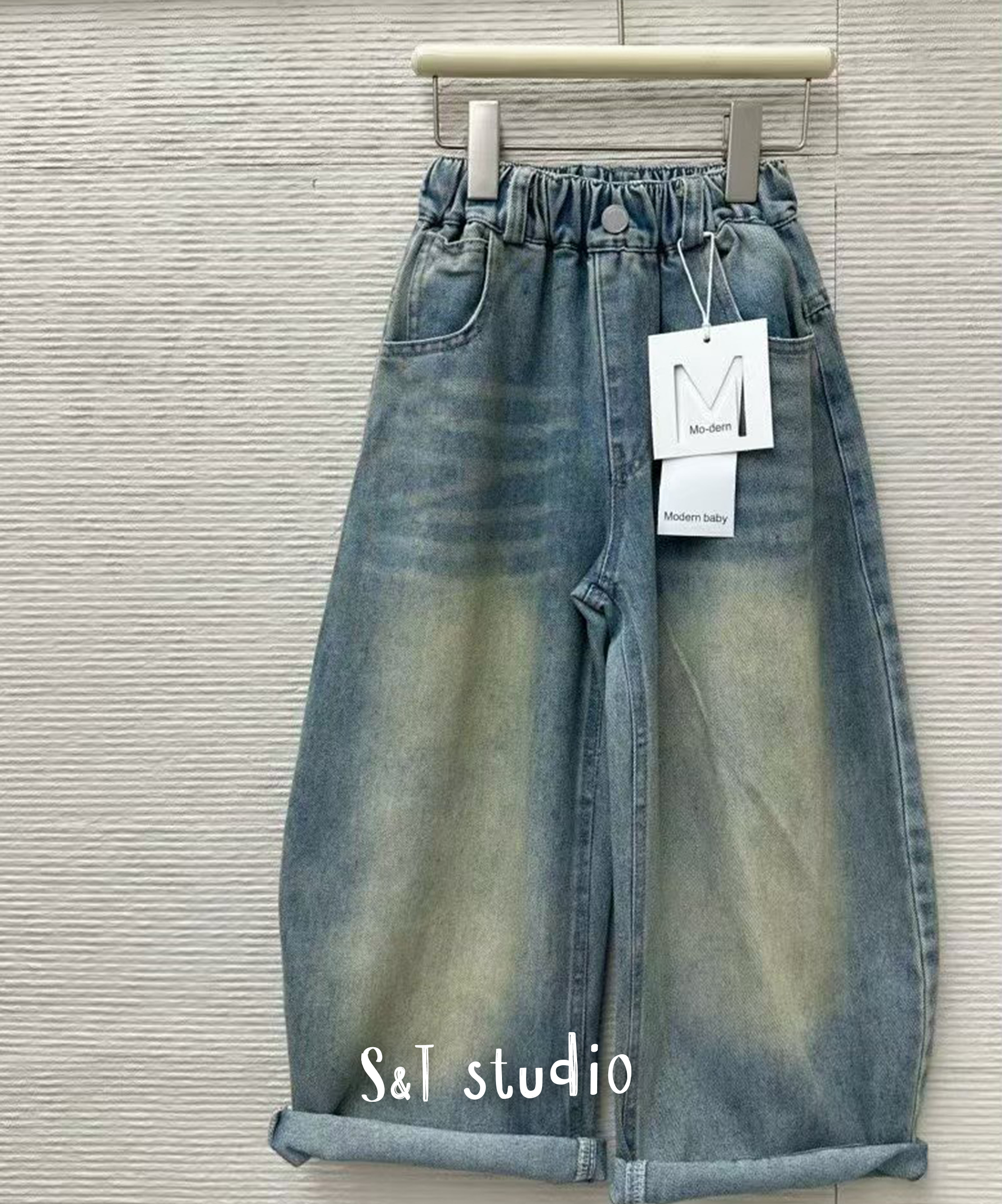 韓系水洗復古刷色牛仔闊腿褲(110-160)