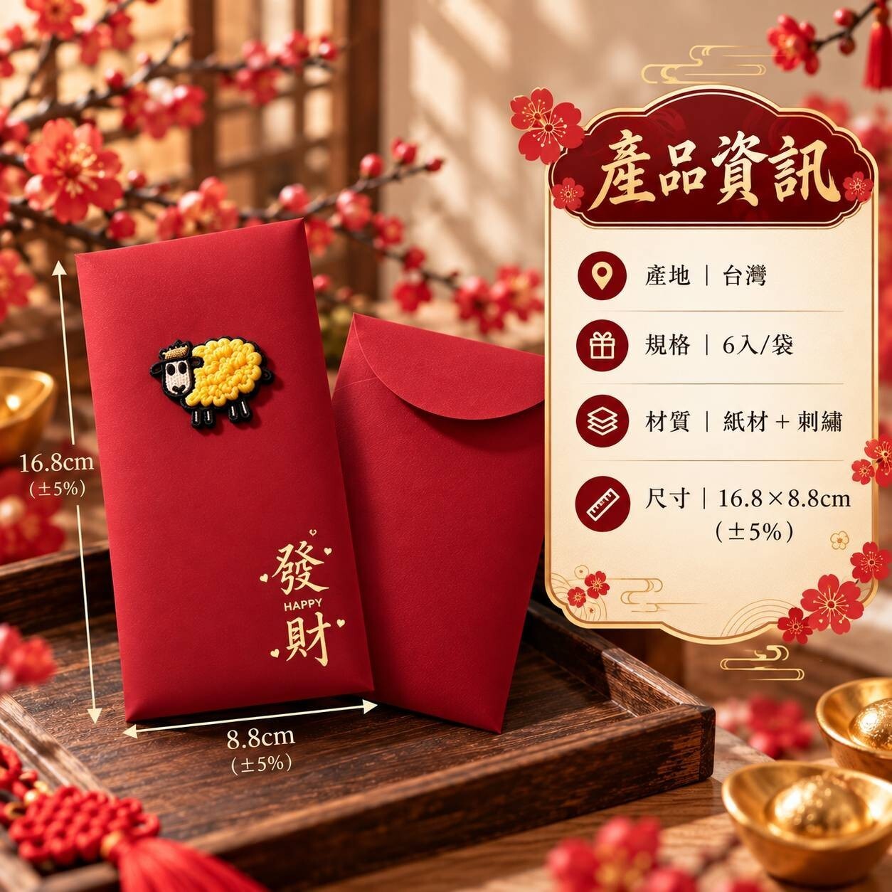 (預計12月初到貨) 2027台灣手作・刺繡小羊紅包袋 6入組
