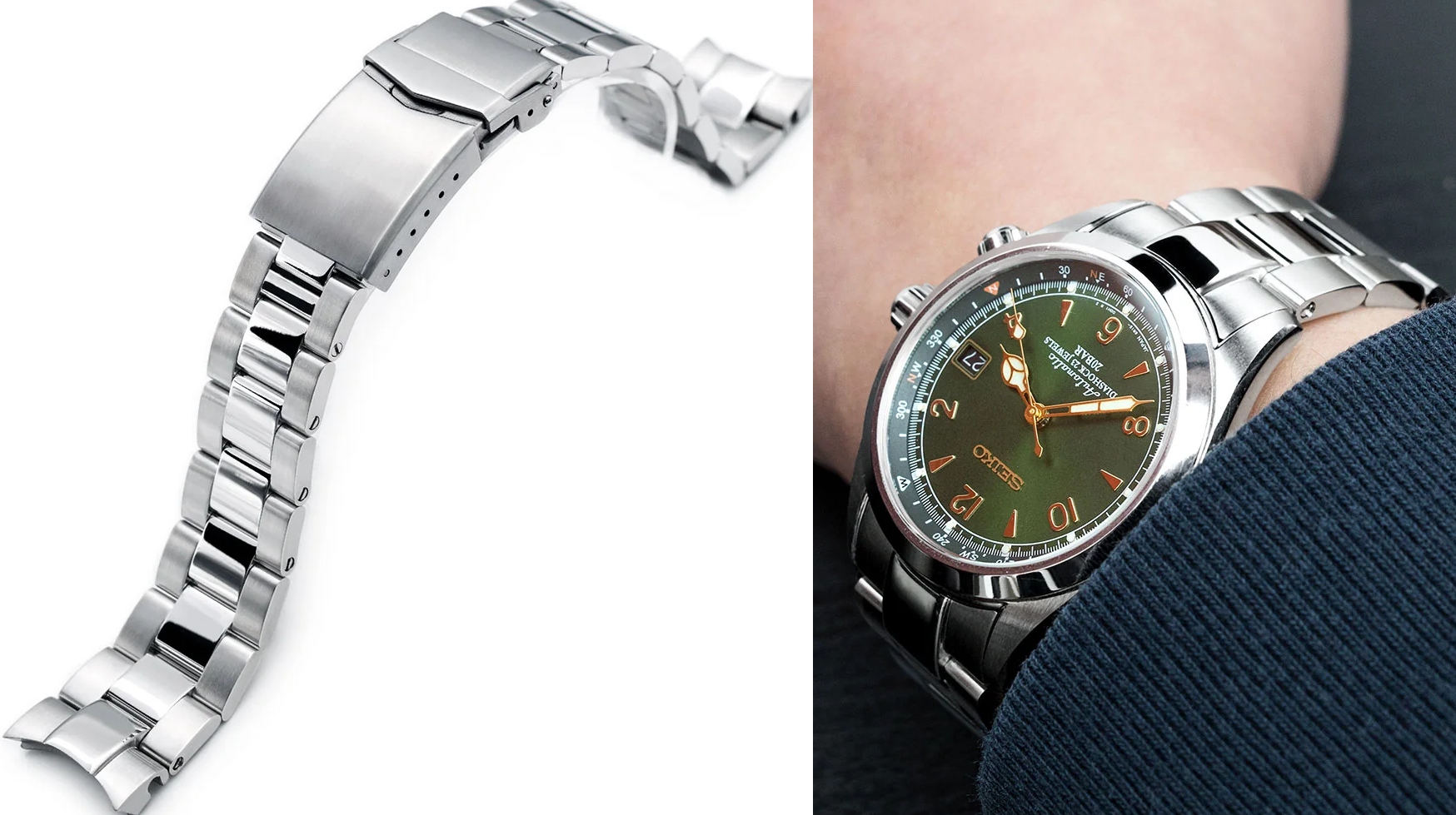 萬年鐘錶 - 太空人錶帶 SEIKO Alpinist  登山運動員 SARB017J1 專用代用錶帶（兼容 Hamilton 漢密爾頓卡其野戰系列 H70455733）超級3D三板式V形潛水扣不鏽鋼錶帶 SS201820BPS065