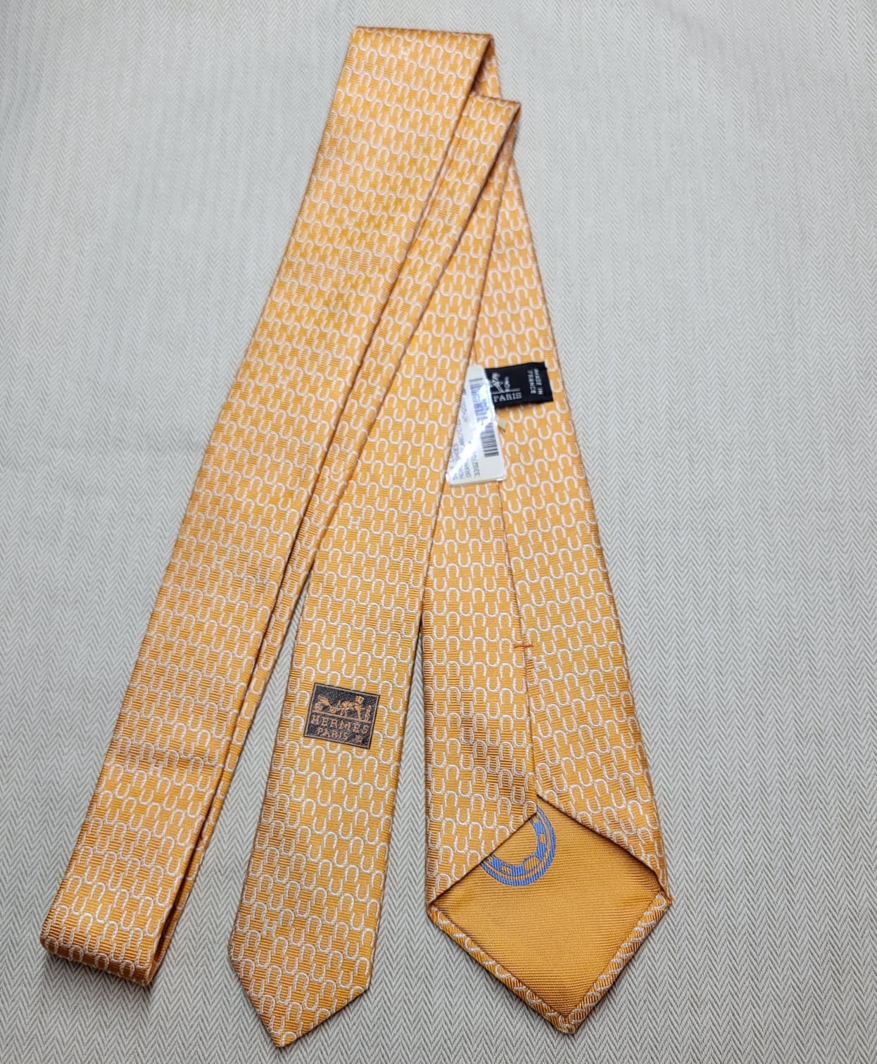 HERMES HORSESHOES TIE ORANGE/BLANC/CIEL NO.74