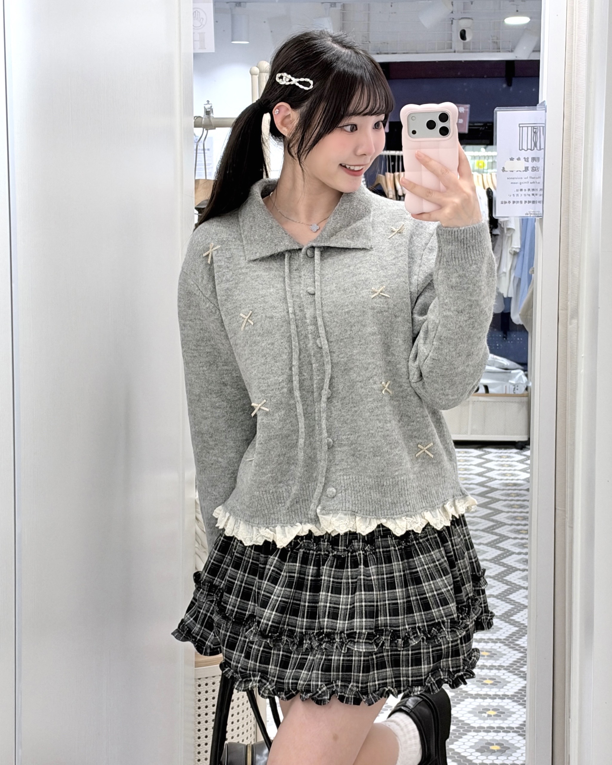 JK0488｜森系溫柔反領綁帶小蝴蝶結花邊針織外套 ྀི  ྀི  ྀི