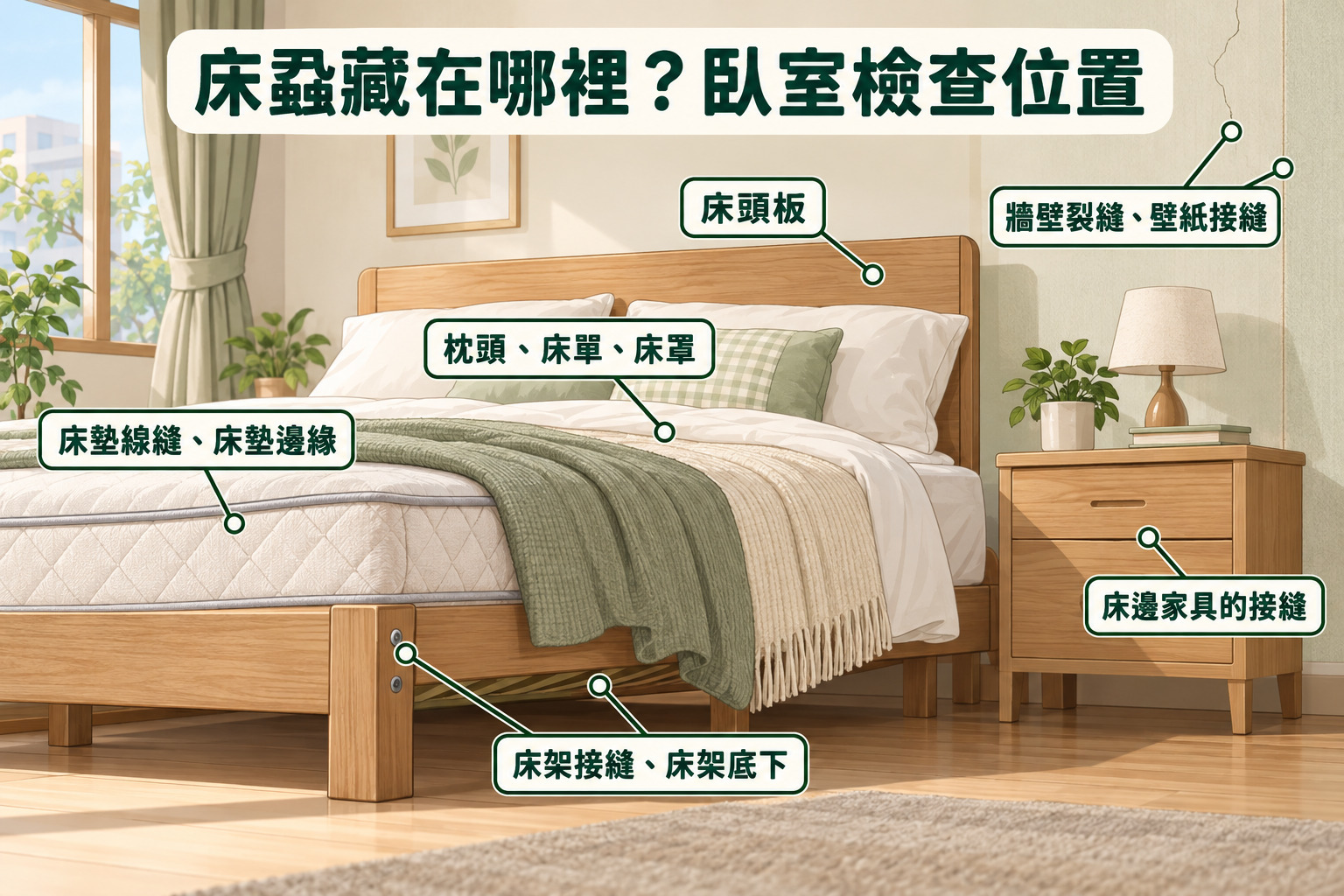 臥室中床蝨常躲藏的檢查位置示意圖