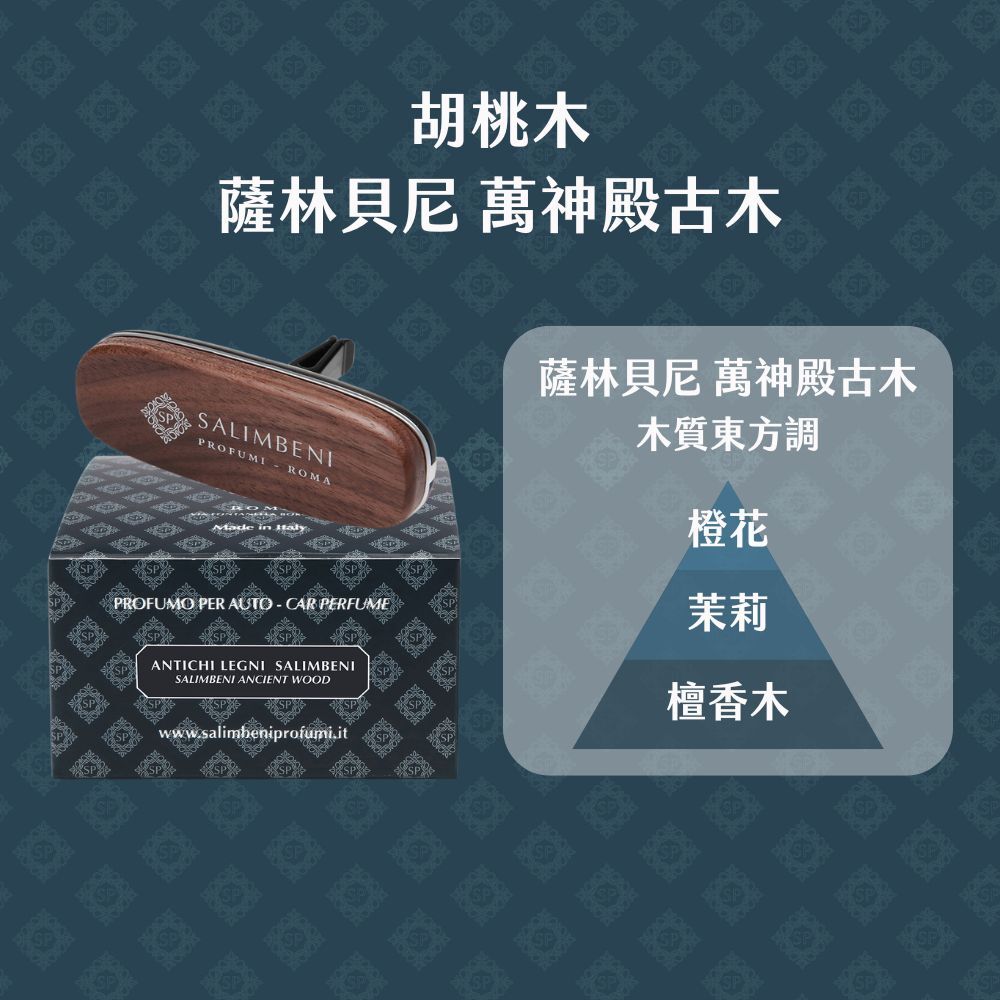 Salimbeni 薩林貝尼萬神殿古木胡桃木車用香氛夾與原廠包裝,木質東方調包含橙花、茉莉及檀香木