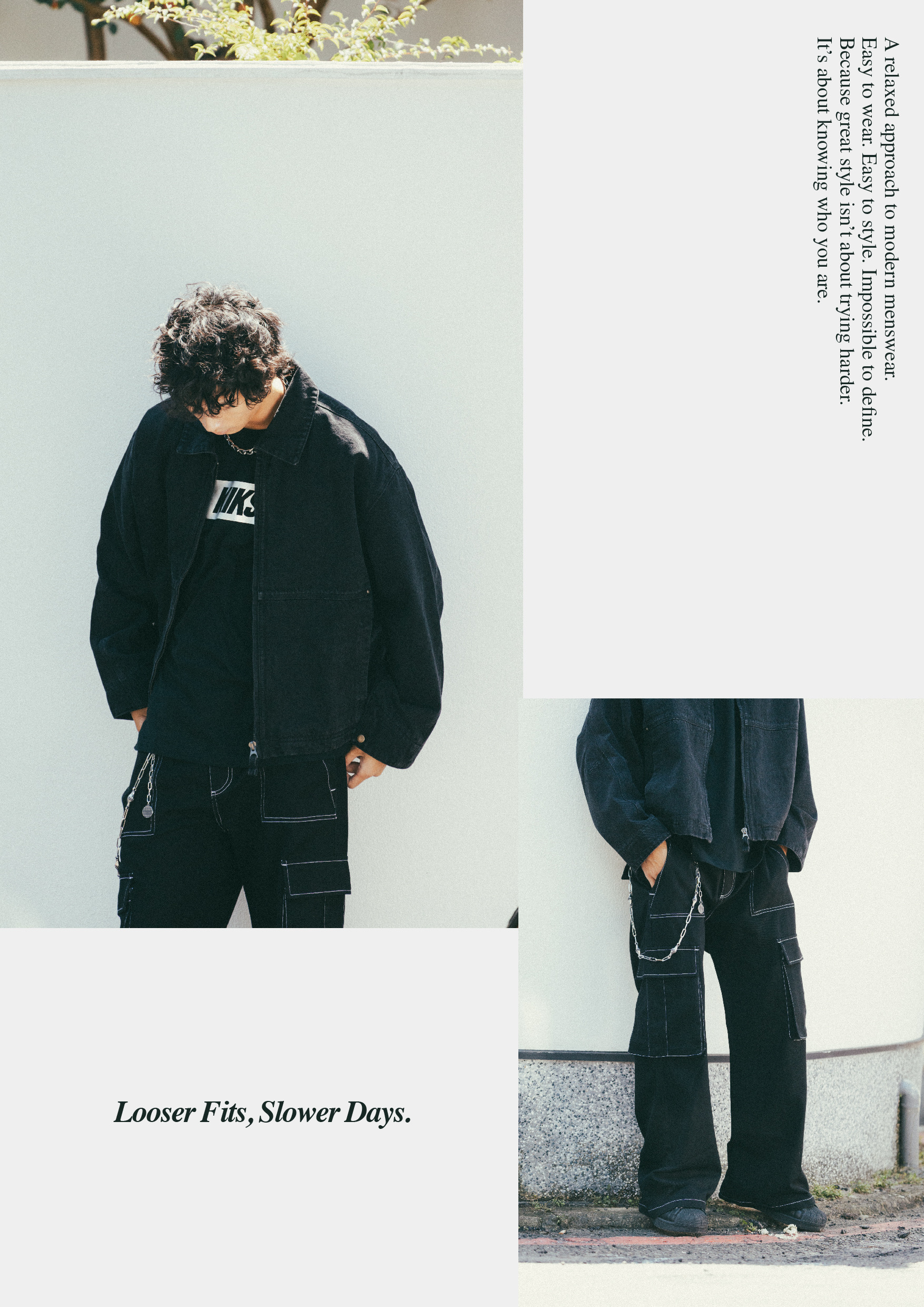 KIKS 黑色工裝長褲鏈條配件特寫與品牌理念文字，Looser Fits, Slower Days. 標語