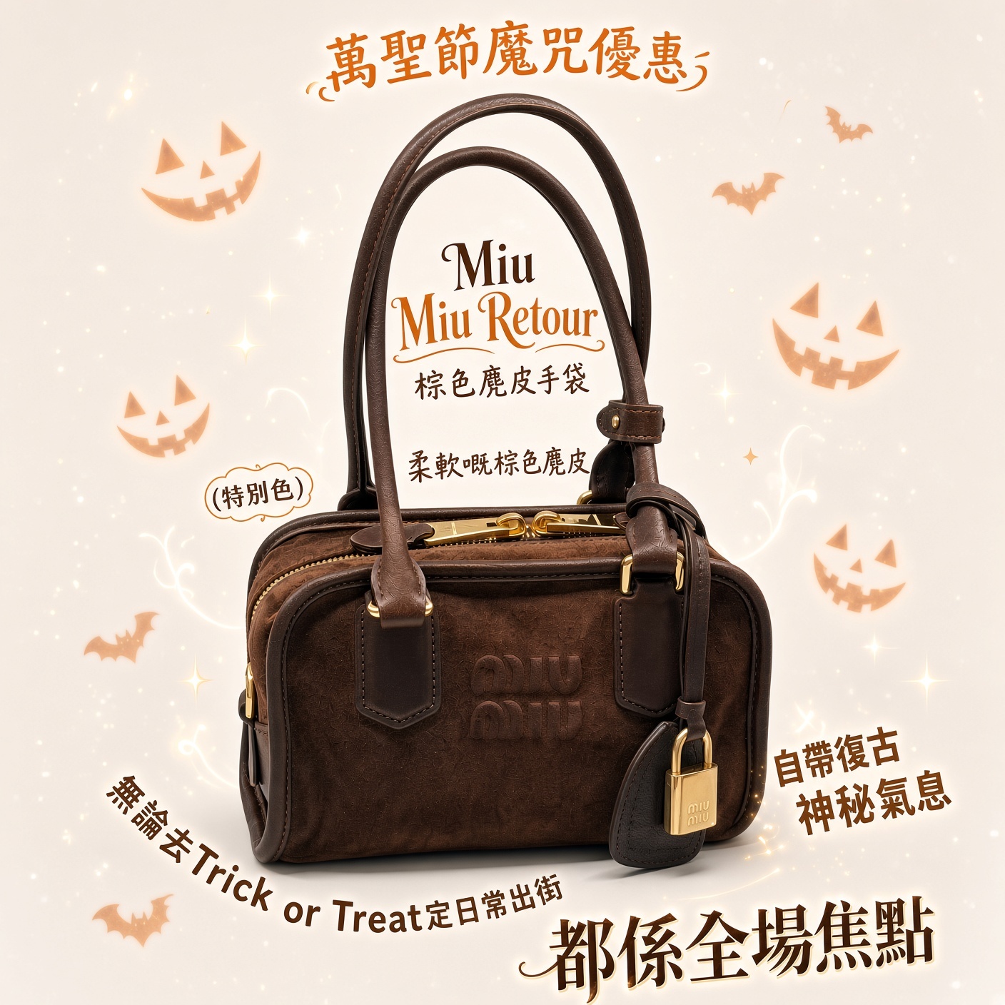 (特別色) Miu Miu Retour棕色麂皮手袋