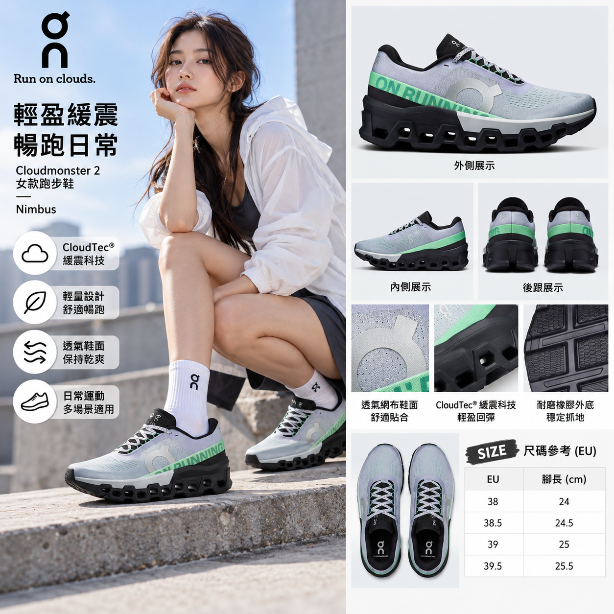 【預購】On N101625 Cloudmonster 2 女裝跑鞋 (灰綠漸變)