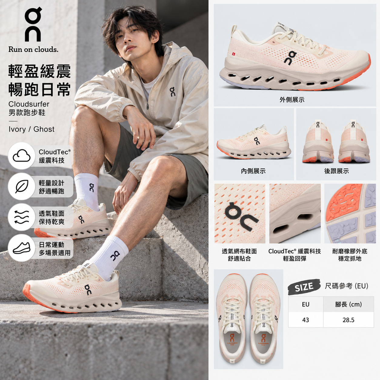 【預購】On N101627 Cloudsurfer Off-Road 男裝跑鞋 (象牙白/珊瑚紅漸變)