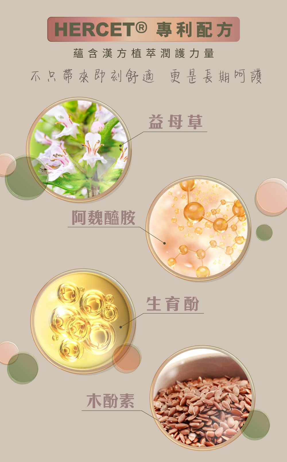 舒活漾私密賦活凝露蘊含HERCET專利配方，結合益母草、阿魏醯胺、生育酚與木酚素等漢方植萃潤護力量，不僅帶來即刻舒適，更是給予私密肌長期呵護。