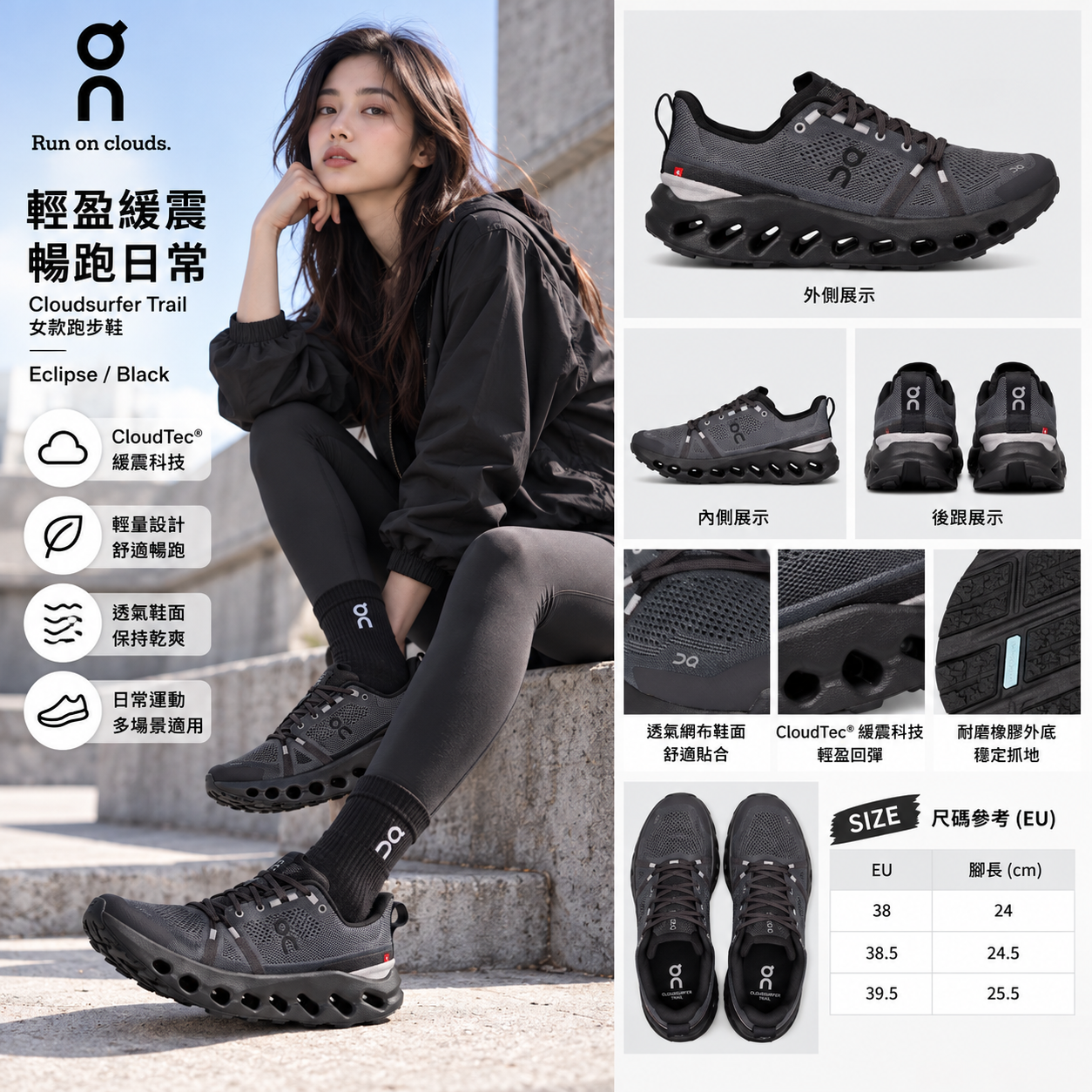【預購】On N101632 Cloudsurfer Trail Ld99 女裝跑鞋 (黑色)
