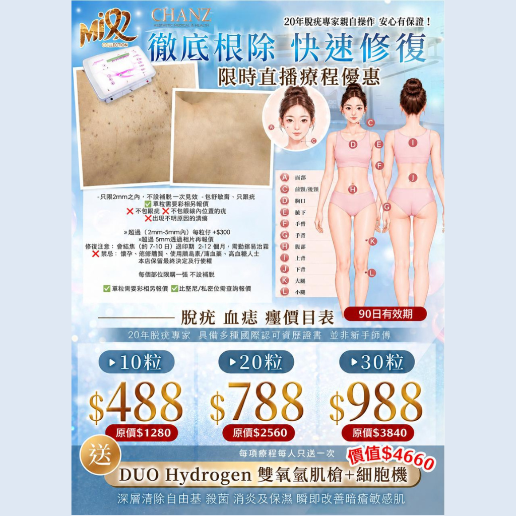 MEB-BBG1016-002 Chanz美容院2026 脫疣、血痣、墨 (送Hydrogen雙氧氫肌槍+細胞機療程) (A2/B2/C2)