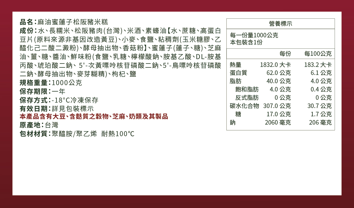 第7張：麻油蜜蓮子松阪豬米糕營養標示