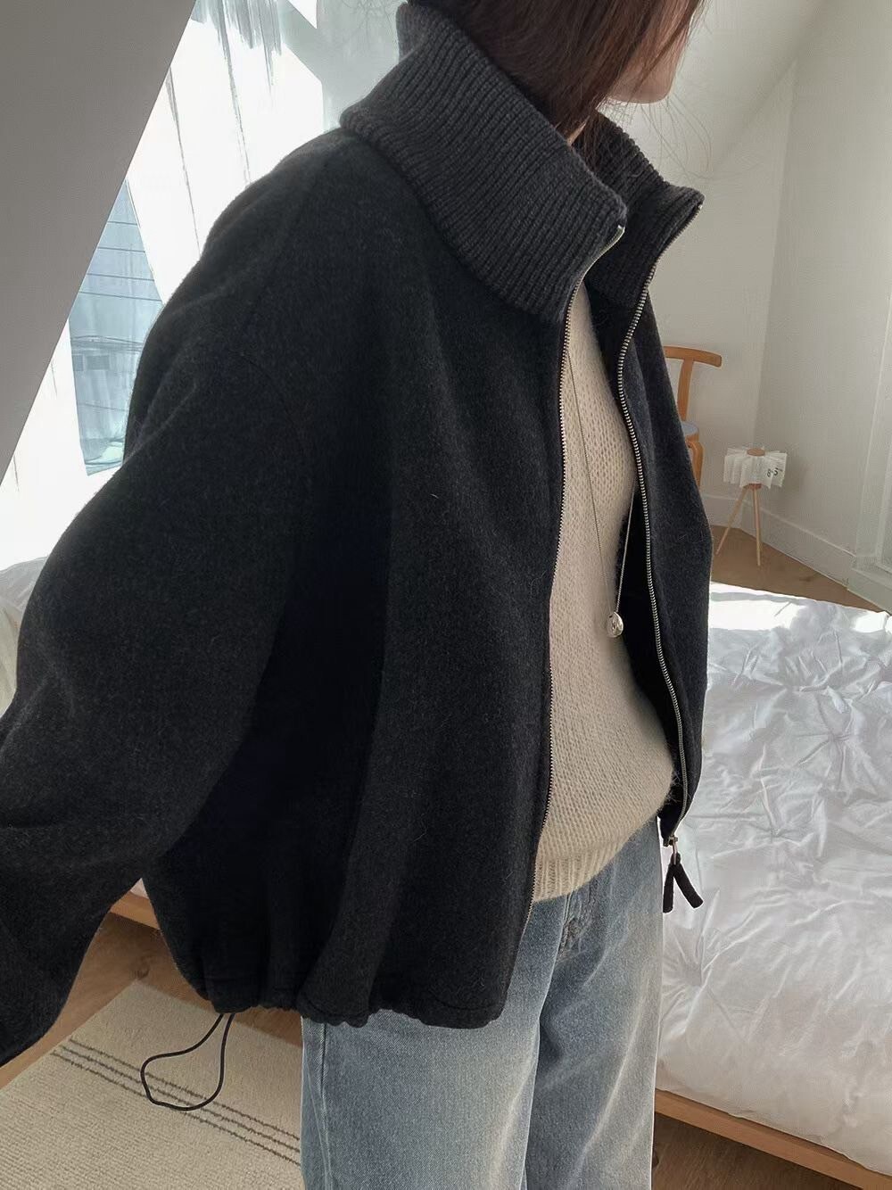 配色螺紋立領/翻領拉鍊造型毛衣外套 / 2色
