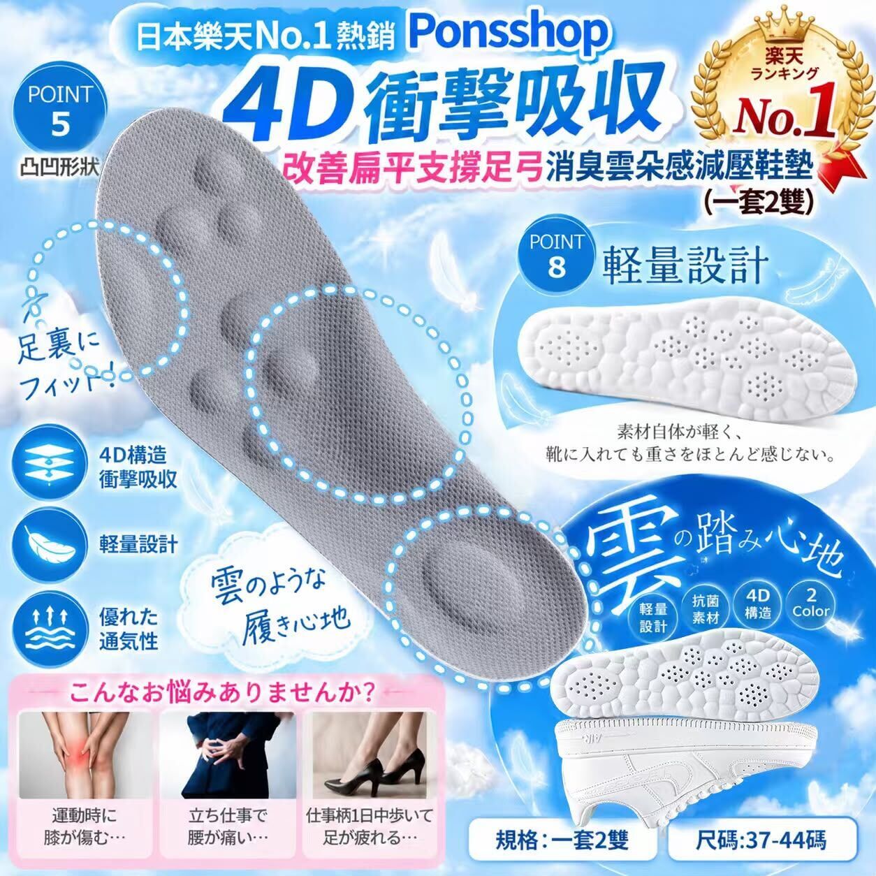 日本樂天 Ponsshop 4D 足弓消臭雲朵感減壓鞋墊 (1套2對)
