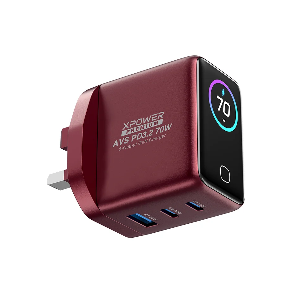 (早買限定優惠)XPower X70PRO 超迷你大屏顯示3輸出 PD3.2/PPS/UFCS 70W GaN智顯充電器 (酒紅色)