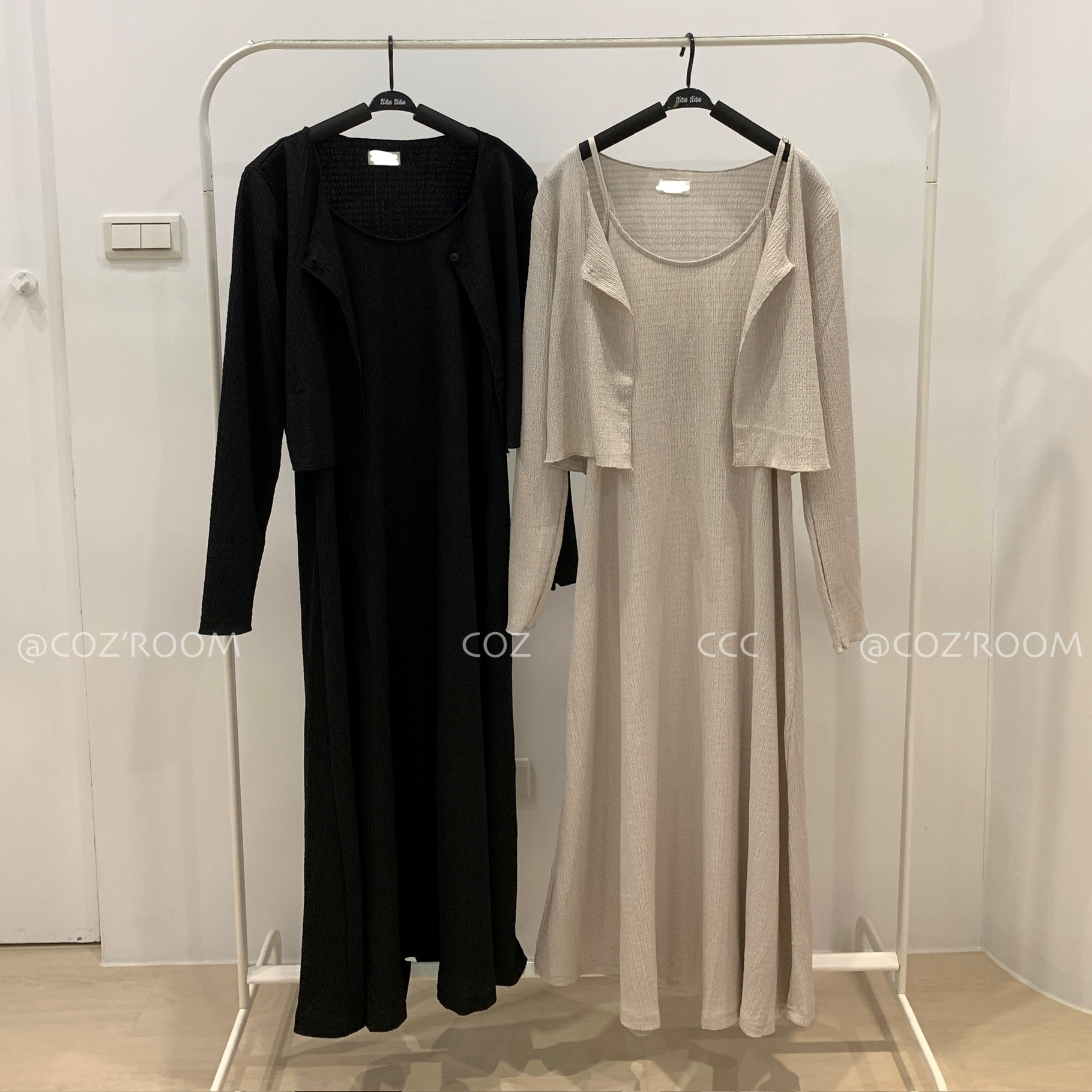 (現貨)泡泡布罩衫外套+細肩長洋SET  (2色) _9365