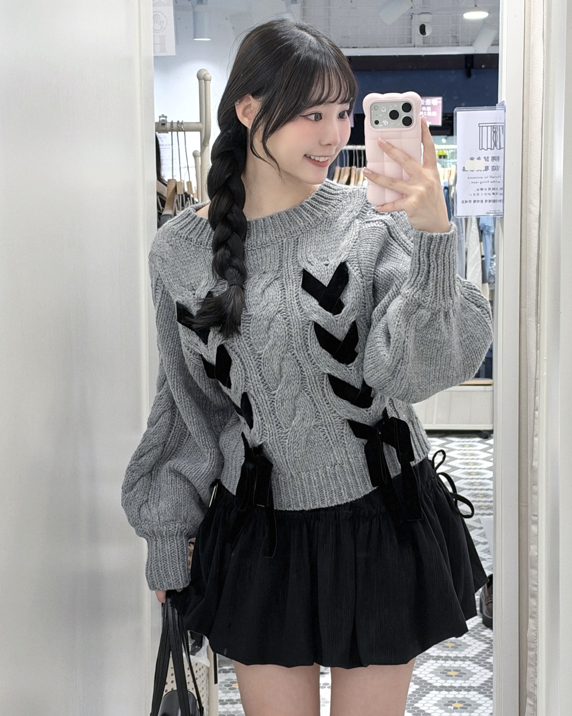 JP1314｜少女系‎ . ݁⋆ ۶ৎ ݁˖ . ݁ 綁帶式絨面蝴蝶結麻花前後著針織毛衣