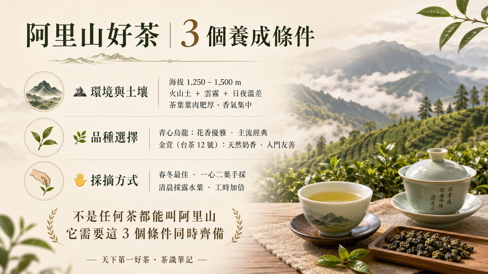 阿里山好茶三大養成條件圖,海拔與土壤環境、青心烏龍與金萱品種、手採一心二葉採摘方式