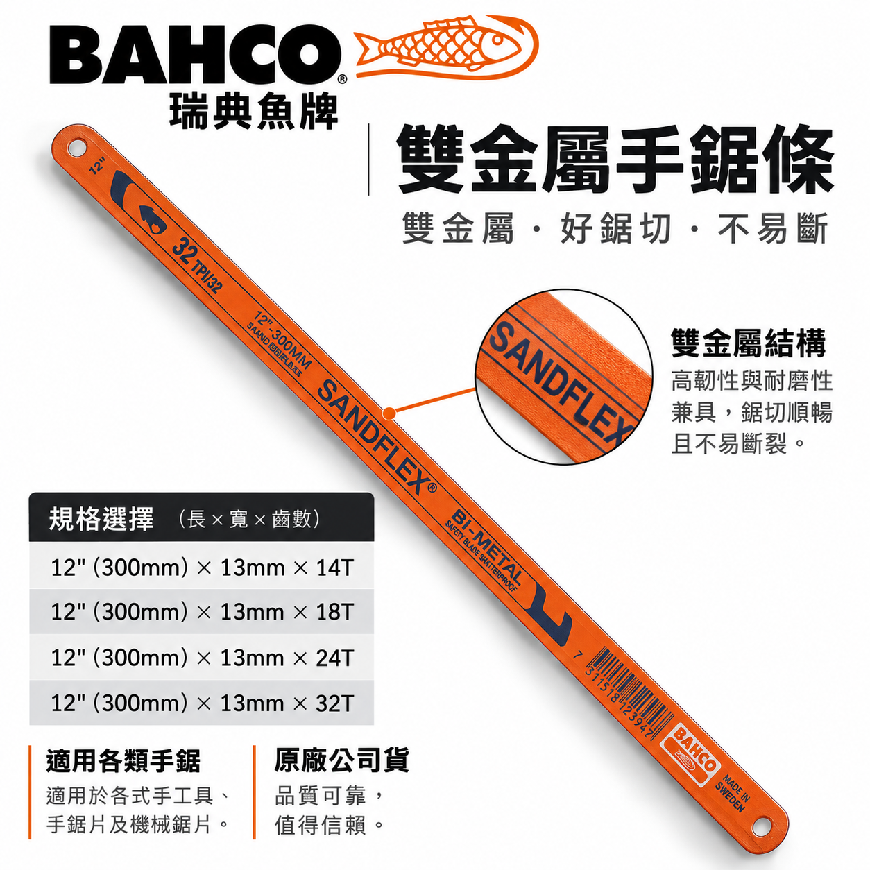 零售｜瑞典 BAHCO 魚牌 八口魚｜橘色雙金屬｜12"手鋸片 手鋸條 鋸刃｜14T-18T-24T-32T