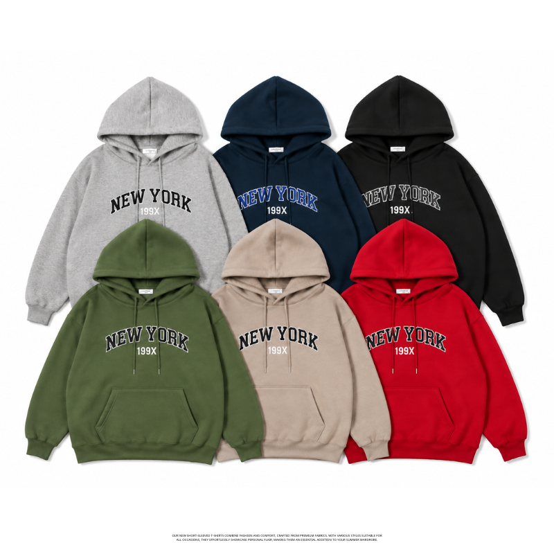 美式 NEW YORK 199X 立體刺繡落肩寬鬆帽T