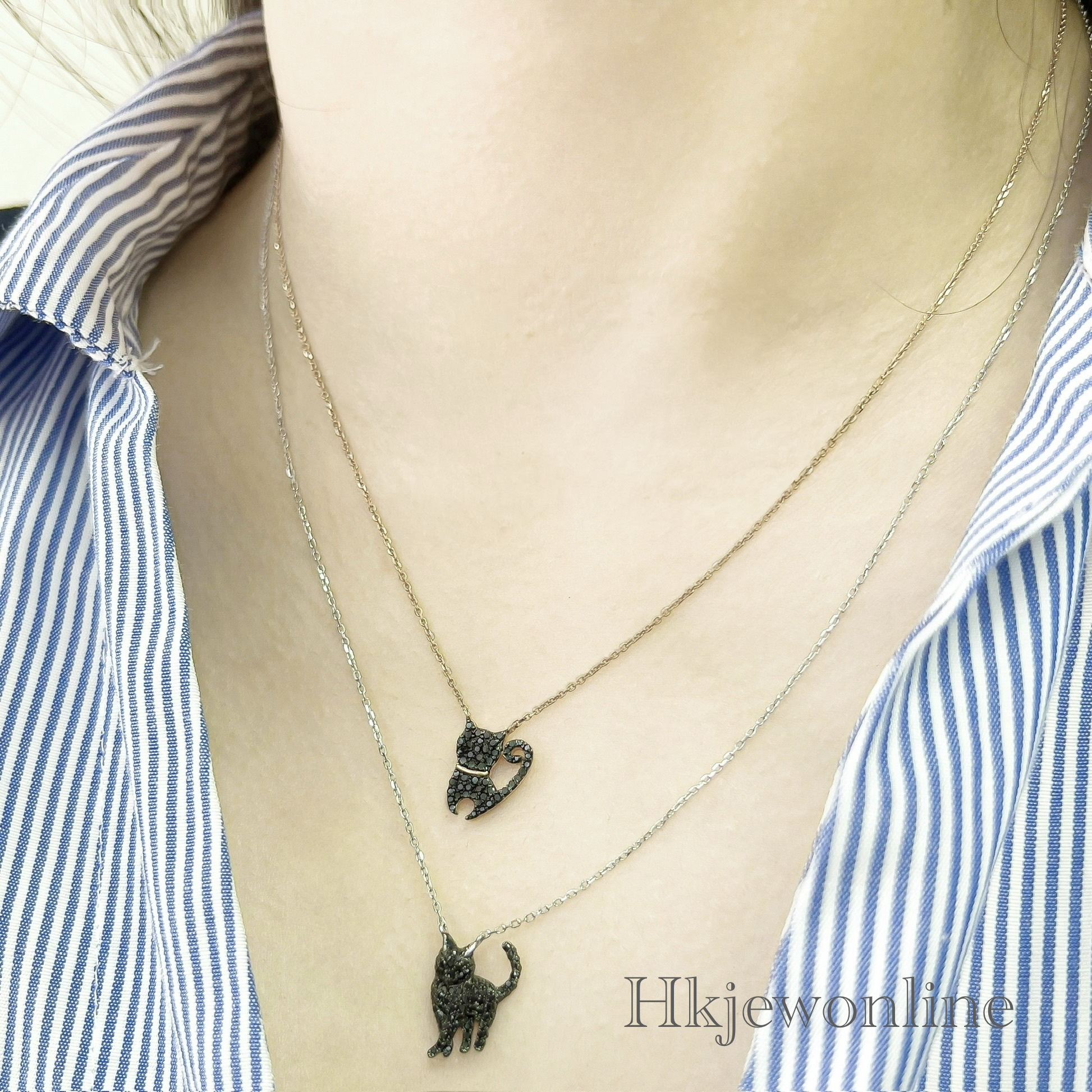 18K Rose Gold /White Gold Black Diamond Black Cat Necklace/ Bracelet